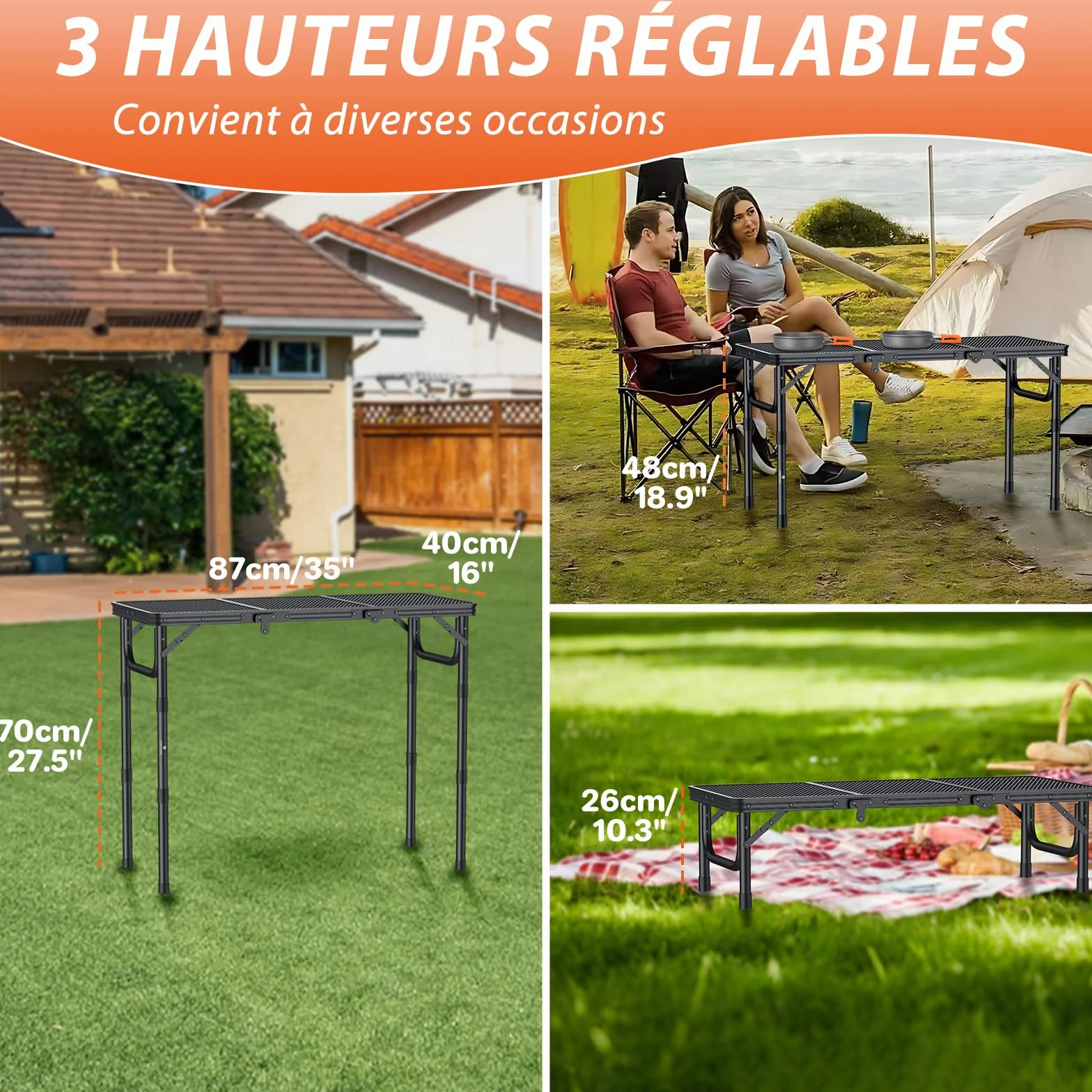 FUNYKICH Table Pliante d'Extérieur 87x40cm Aluminium Léger Capacité 30kg Noir