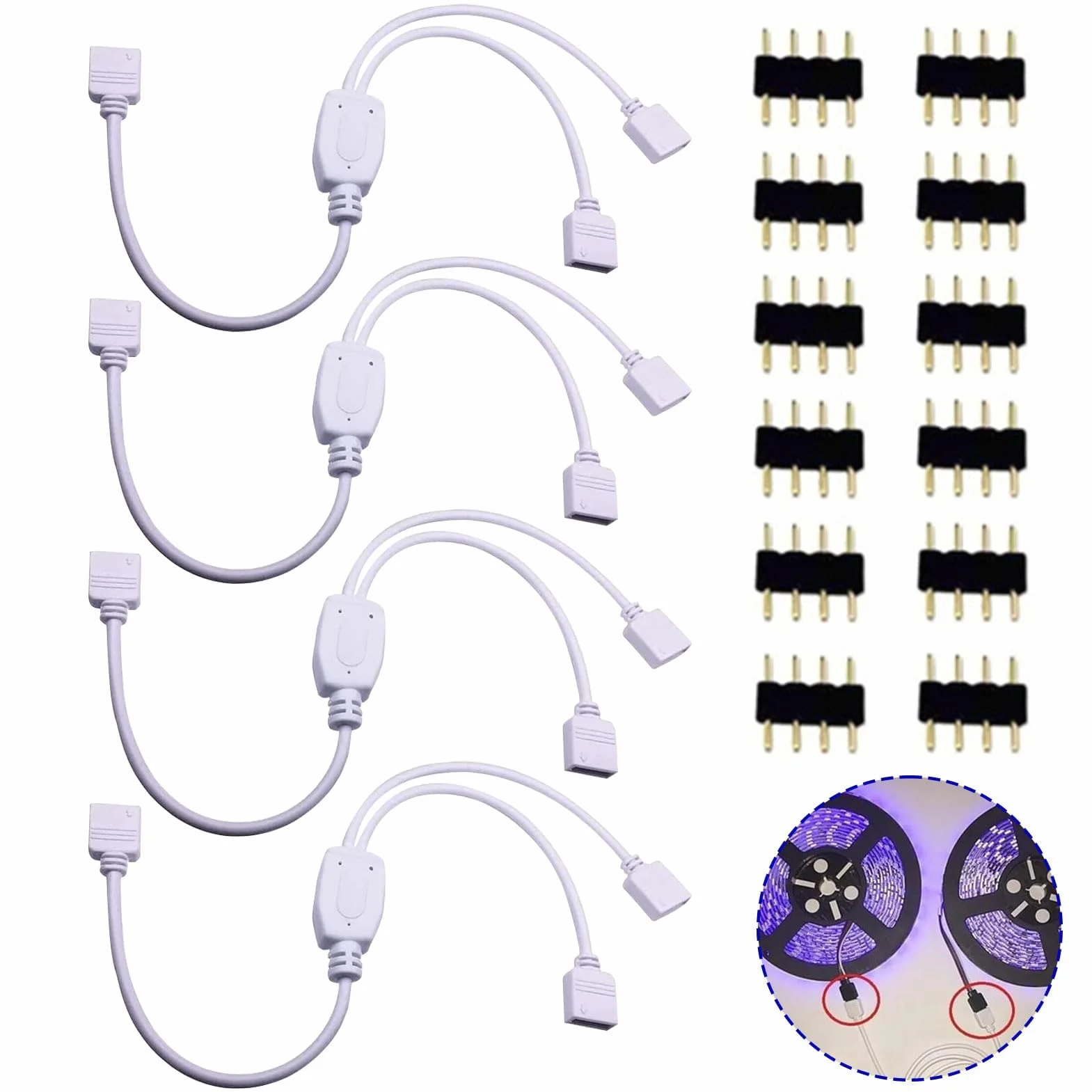 Câbles répartiteurs LED RVB 4 broches, connecteurs de bande lumineuse, répartiteur d'angle 4 broches, 30 cm Blanc