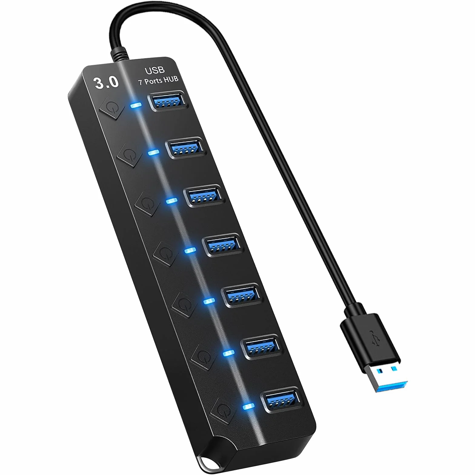 HORJOR Hub USB 3.0 7 Ports avec Interrupteur Séparé et LED, Alimenté Adaptateur Transfert Données Charge Rapide