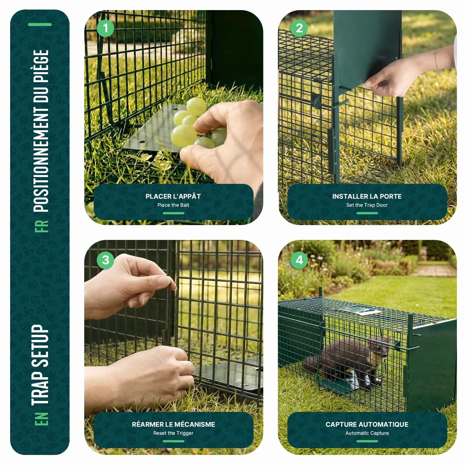 Piège à Animaux Vivants 80x26x34cm Cage de Capture sans Cruauté Réutilisable pour Rats Fouines Lapins Renard Vert