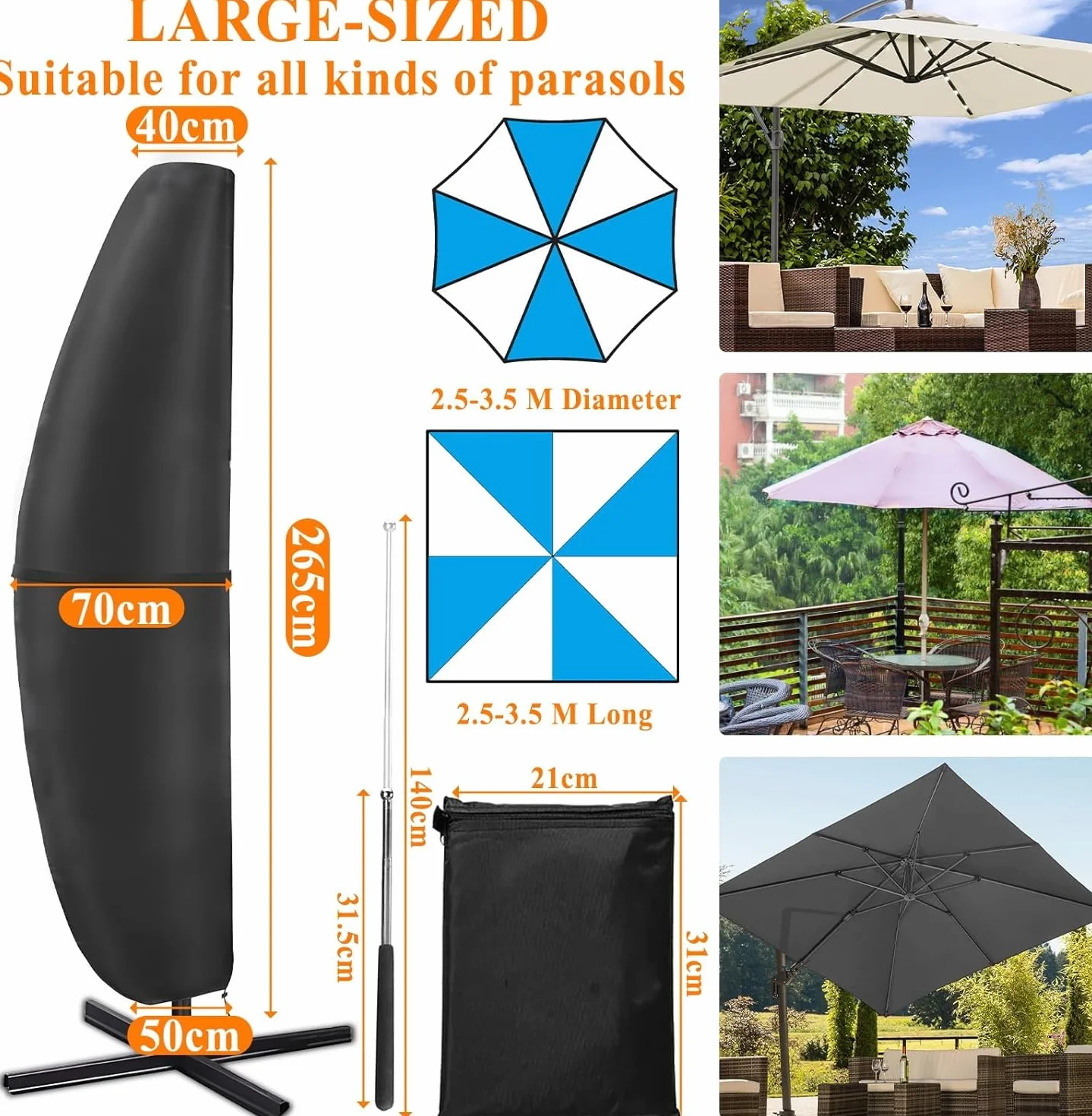 Housse de Protection Parasol Déporté Tissu Oxford 420D Imperméable Anti UV 2-3,5m