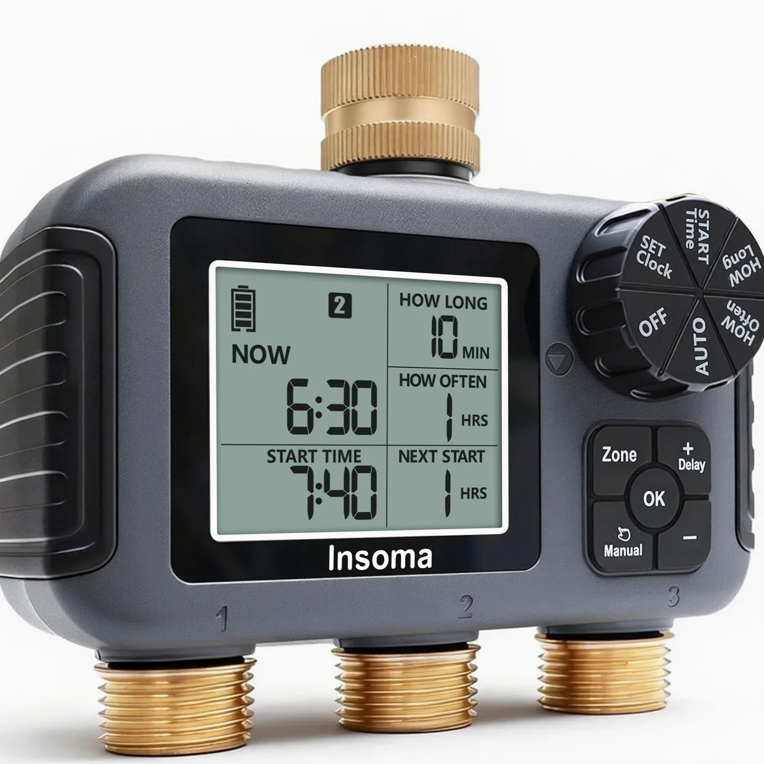 Insoma Horloge d'arrosage à 3 zones, entrée et sortie en laiton + étanche IPX5, arrosage automatique/manuel, retard de pluie et grand écran, minuterie de robinet pour jardin, pelouse et tuyaux de cour