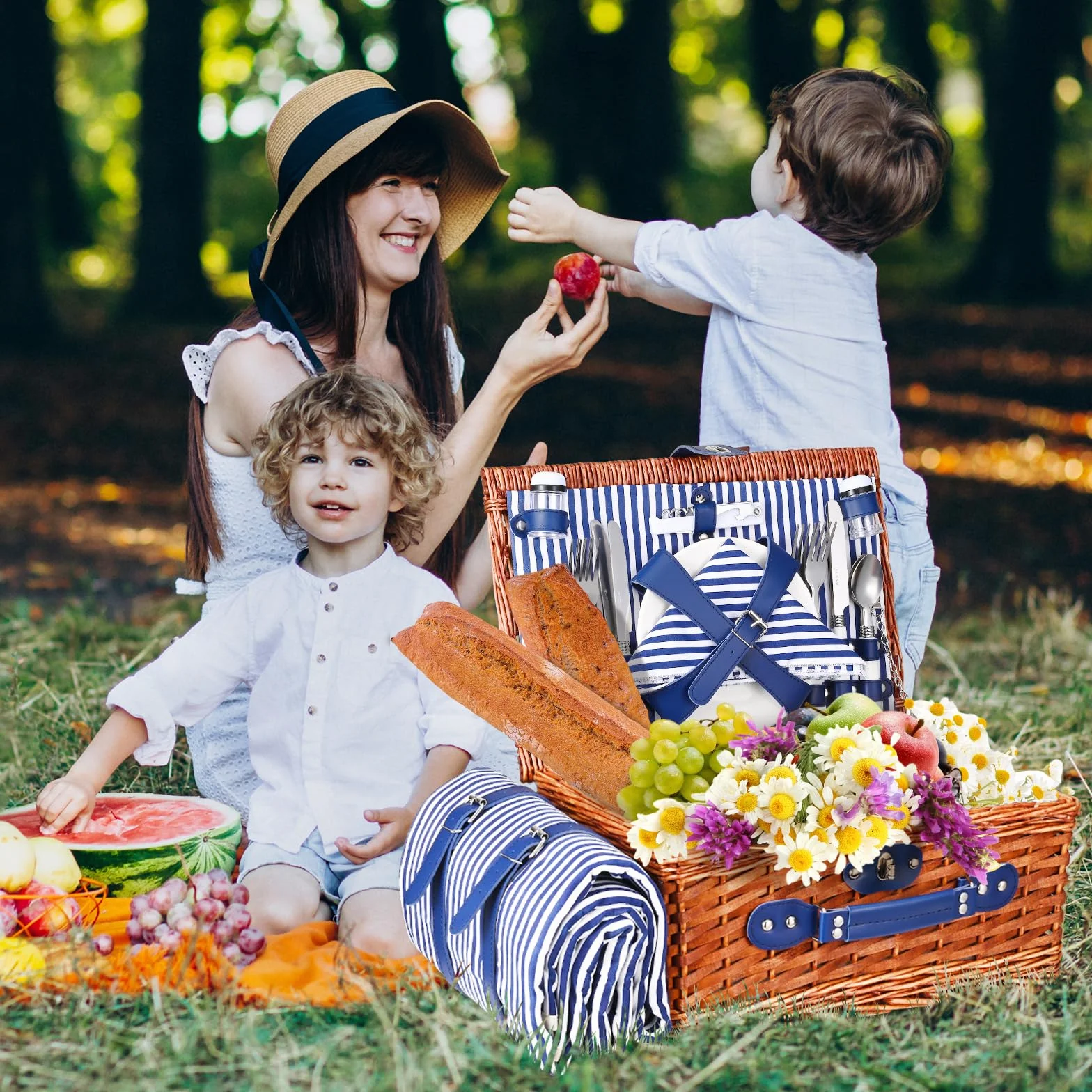 Panier de Pique Nique pour 4 Personnes,Couleeur Panier Pique Nique en Osier avec Couverture Pique-Nique Imperméable et Couverts, Panier Picnic pour Camping, Rose (Bleu 4 Personnes)