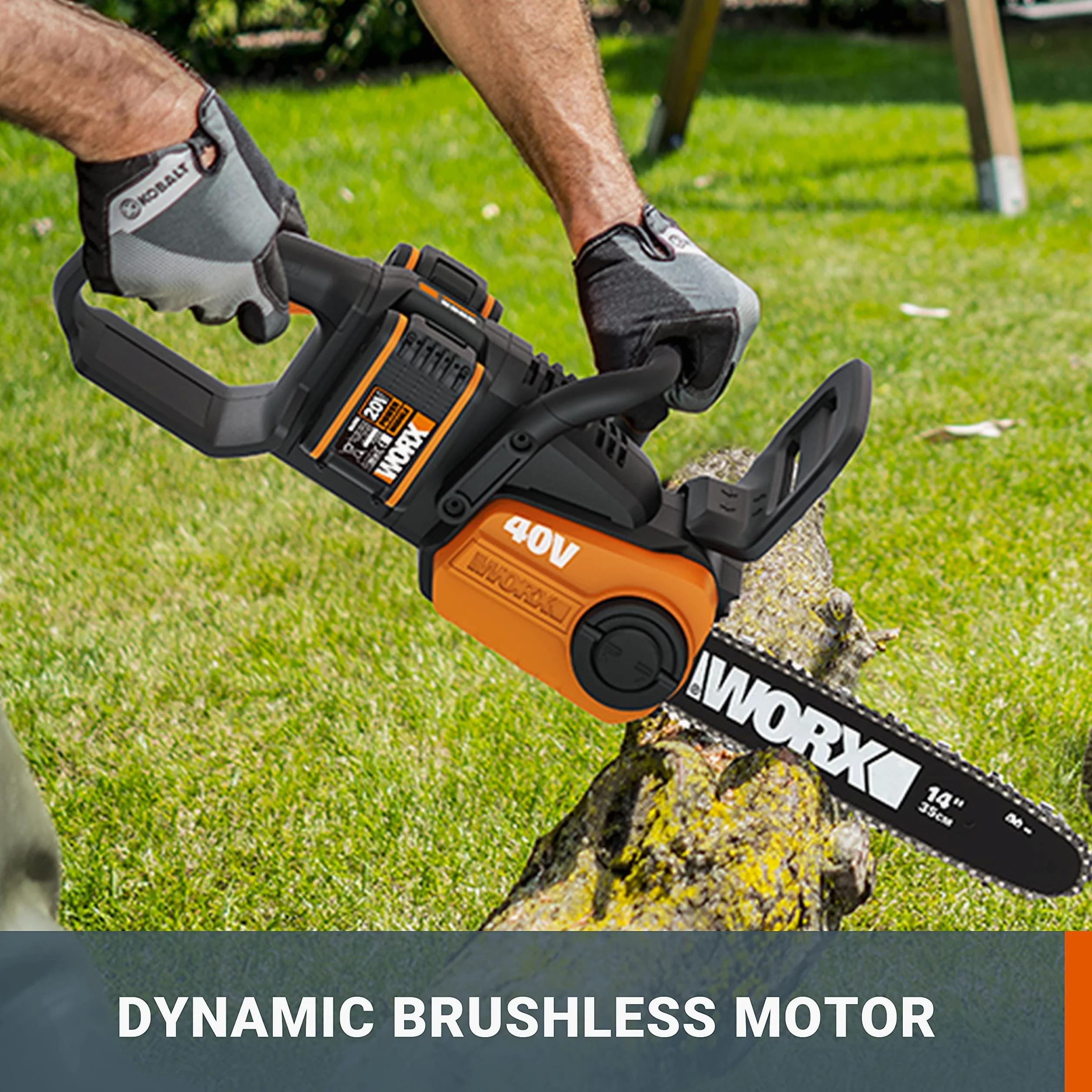 WORX - Tronçonneuse sans fil 40V - 4Ah- WG384E - guide de 35 cm, 8 m/s (Livrée avec batterie et chargeur, brushless, légère et compacte, indicateur de niveau d'huile, auto-lubrification de la chaîne) | Guide 35 cm, tension et lubrification automatiques, f