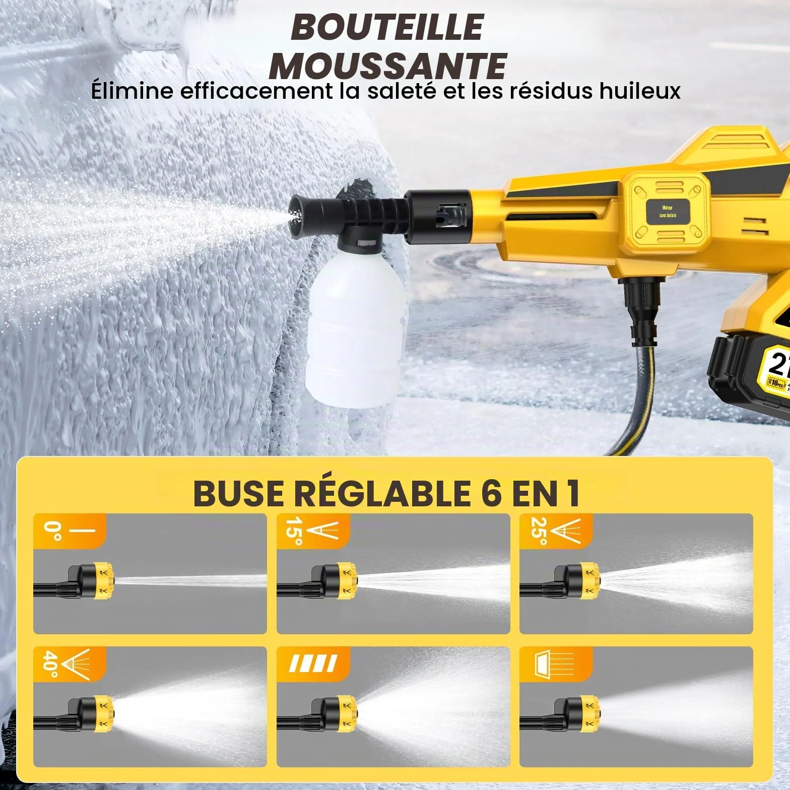 Nettoyeur Haute Pression Sans Fil, avec 2 x 4000 mAh Batteries,Buse 6-en-1 & Contrôle de Pression Réglable,Raccordable au robinet,Nettoyeur Haute Pression pour Voitures,Sol,Les Salissures Quotidiennes