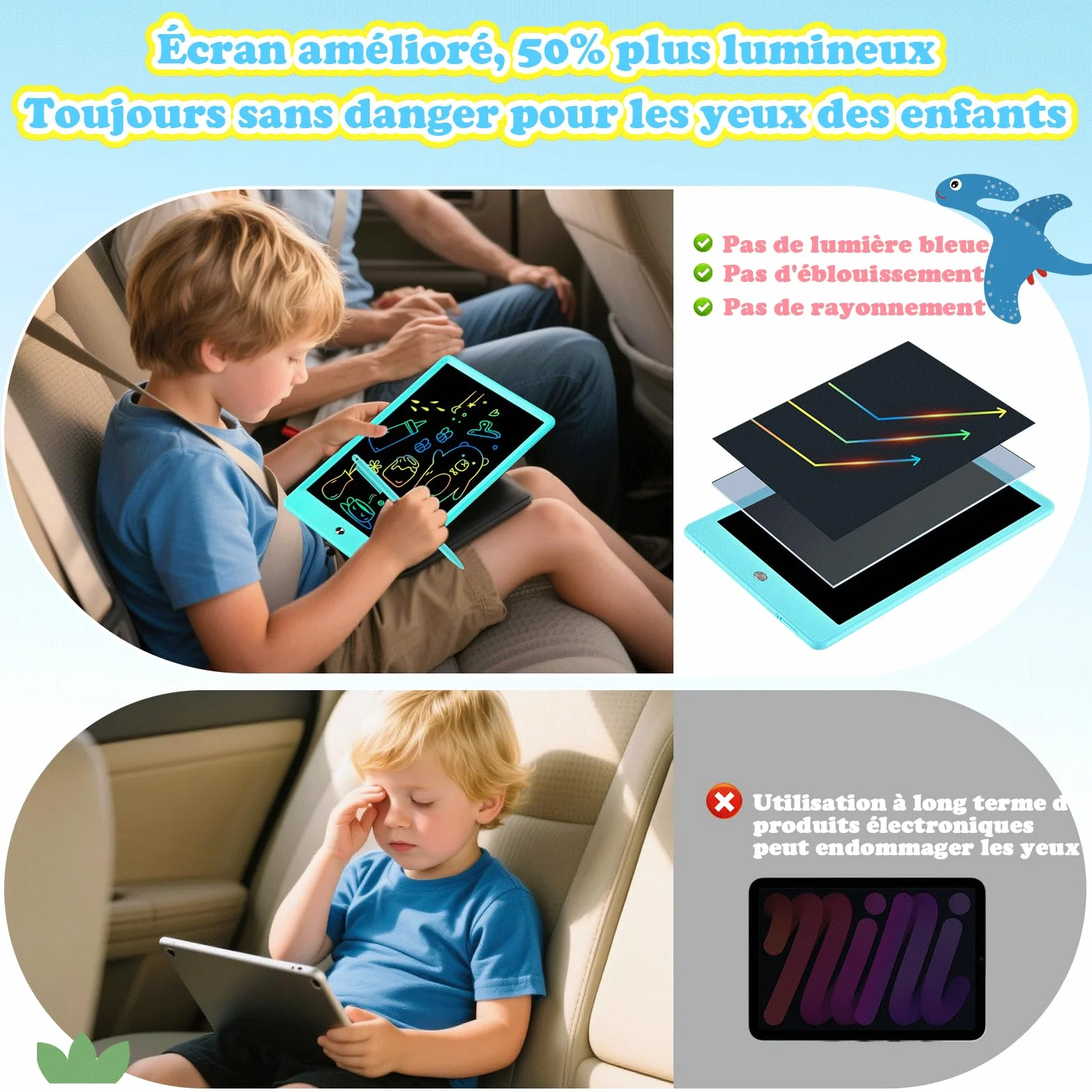 EooCoo Tablette d'écriture LCD 10 Pouces, Tablette Dessin Enfant, Cadeau Éducatif Bleu