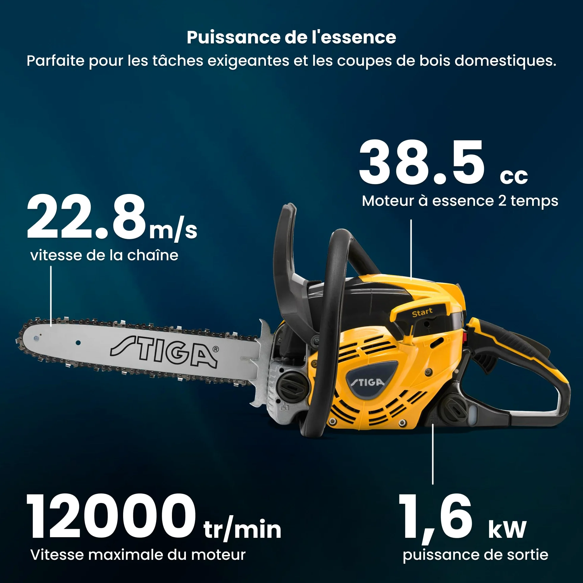 STIGA CS 540 (14') tronçonneuses - Moteur 1,6 kW 38,5 cc, guide 35 cm, carter en magnésium, pompe à huile automatique réglable, guidon ergonomique Soft-Touch