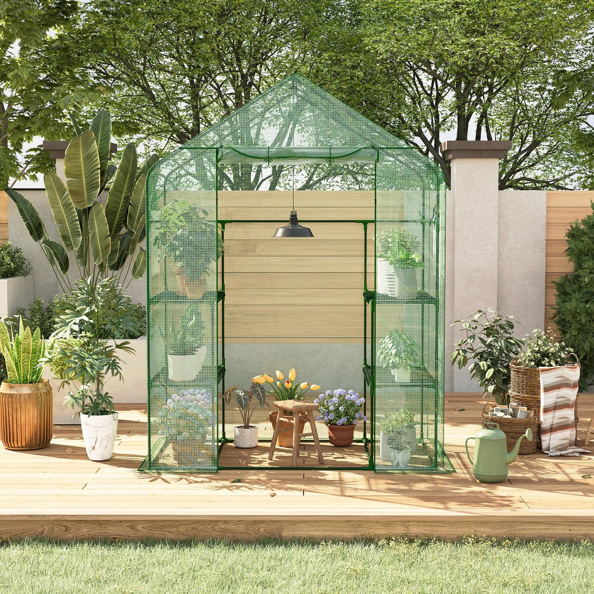 Garvee Serre de jardin à abri Walk-in, 143 x 73 x 195 cm, serre pour plantes avec couverture en polyéthylène 140 g, imperméable et structure en acier, 4 étagères amovibles, 1 porte et 2 fenêtres, vert