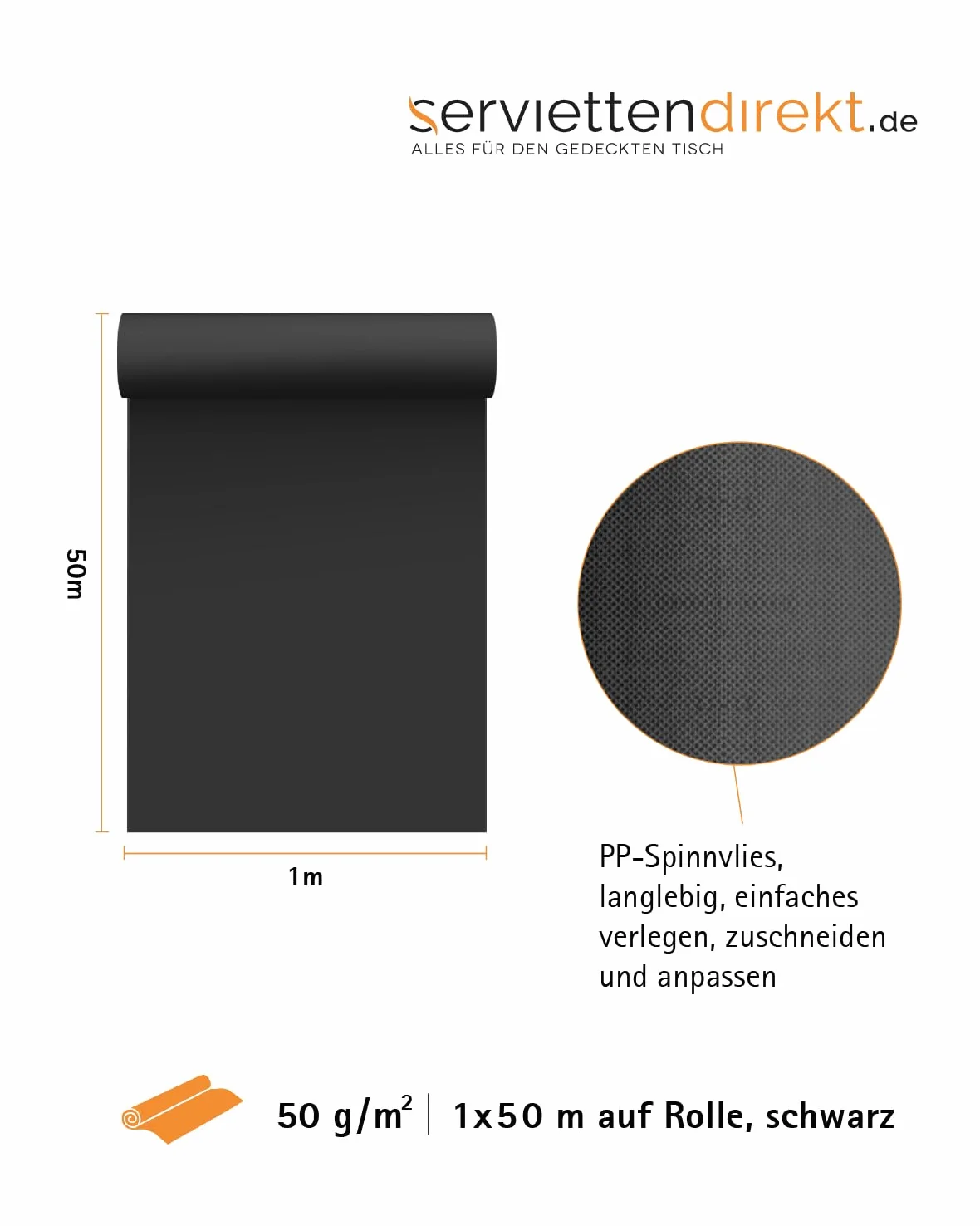 Toile de paillage de jardin en rouleau de 1 m x 50 m en polypropylène non-tissé 50 g en noir pour jardin perméable à l'eau