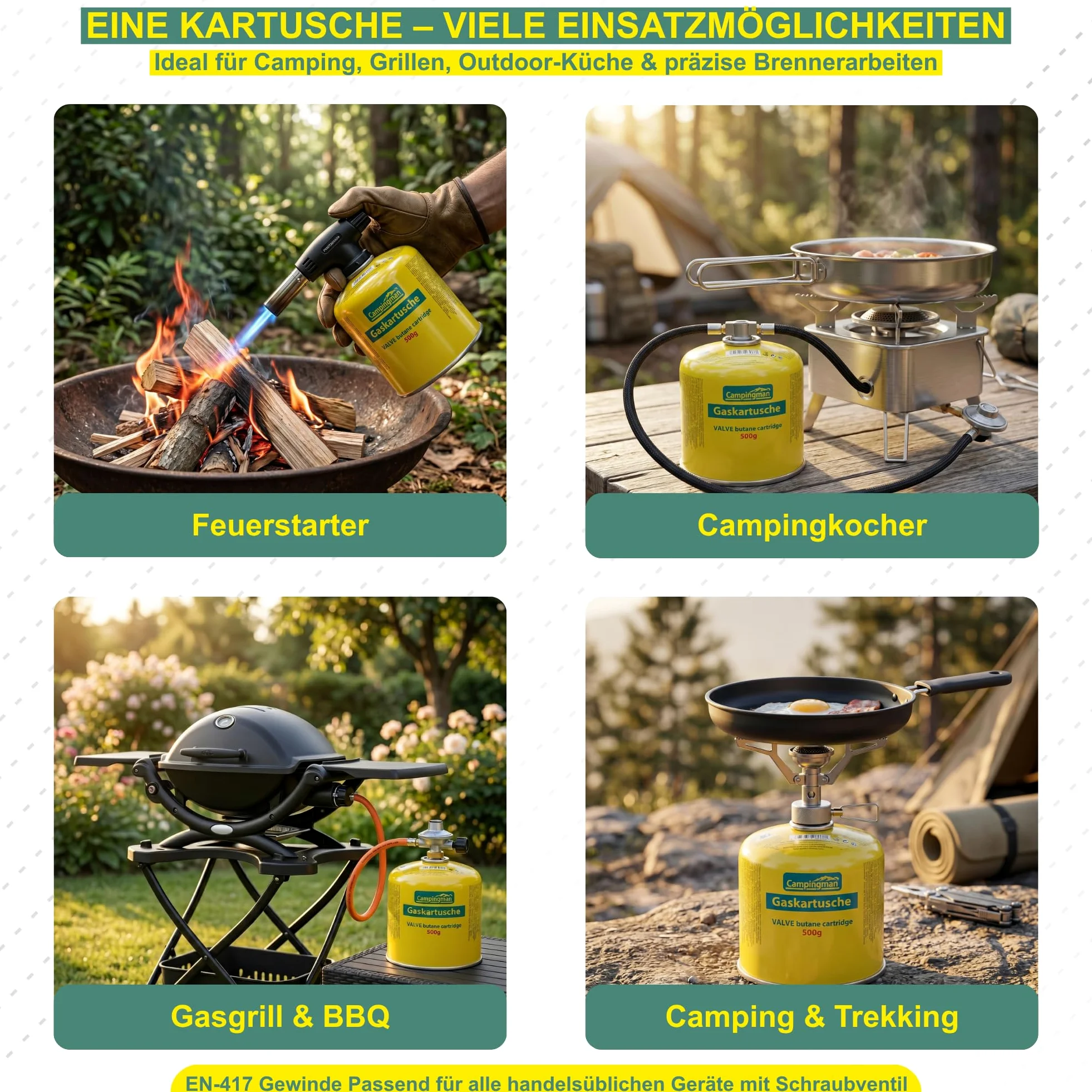 Campingman Cartouche de gaz 500 g avec valve à vis EN 417 - Gaz butane pour réchaud de camping, barbecue Weber et camping - Cartouche à vis universelle (12 x 500 g)