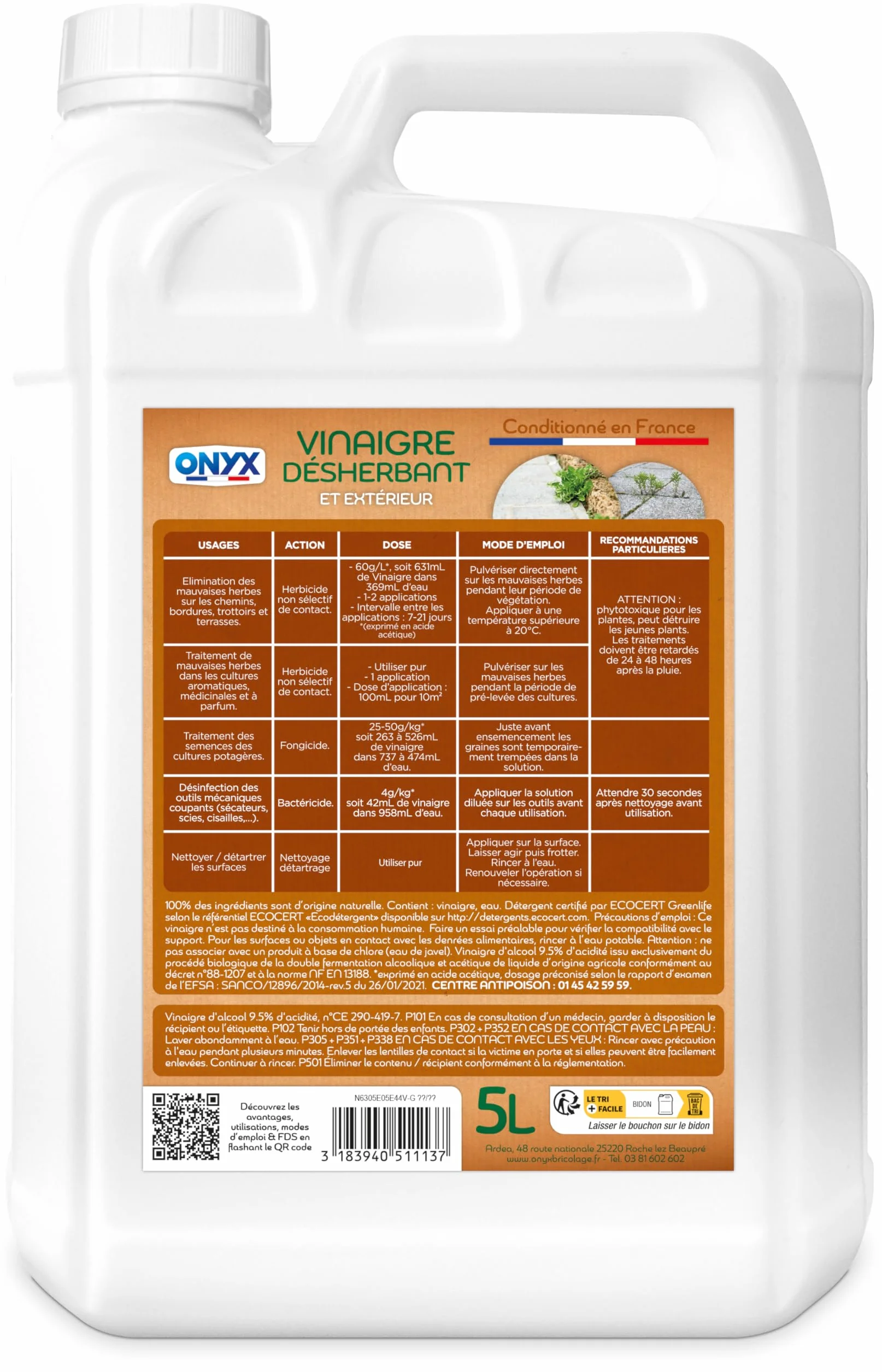 Onyx Vinaigre Désherbant 5L ECOCERT Fabrication Française