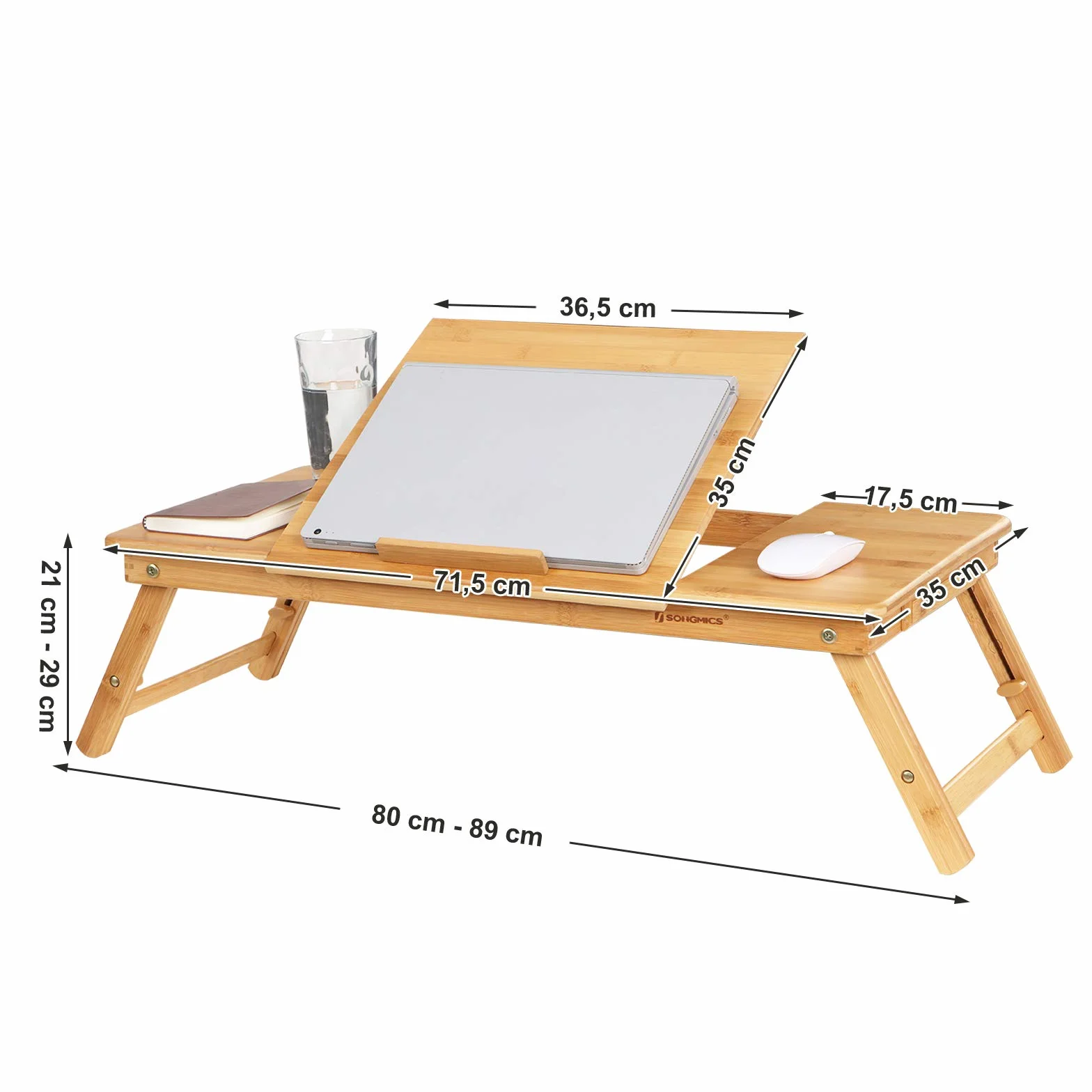 SONGMICS Table de lit pliable en bambou pour ordinateur portable, Plateau ajustable 5 positions, 72 x 21-29 x 35 cm, Tiroir LLD004