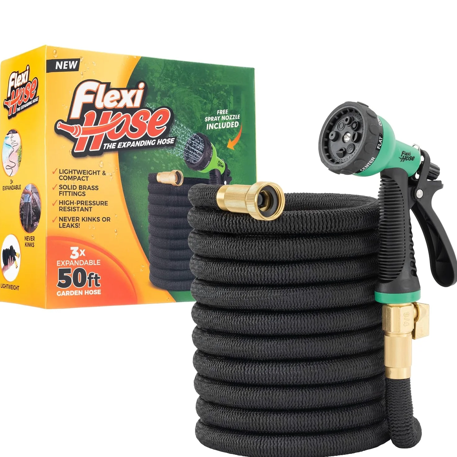 Flexi Hose Avec buse 8 fonctions, 15,2 m – Tuyau d'arrosage extensible léger, flexible sans nœud, raccords en laiton massif de 1,9 cm et double noyau en latex