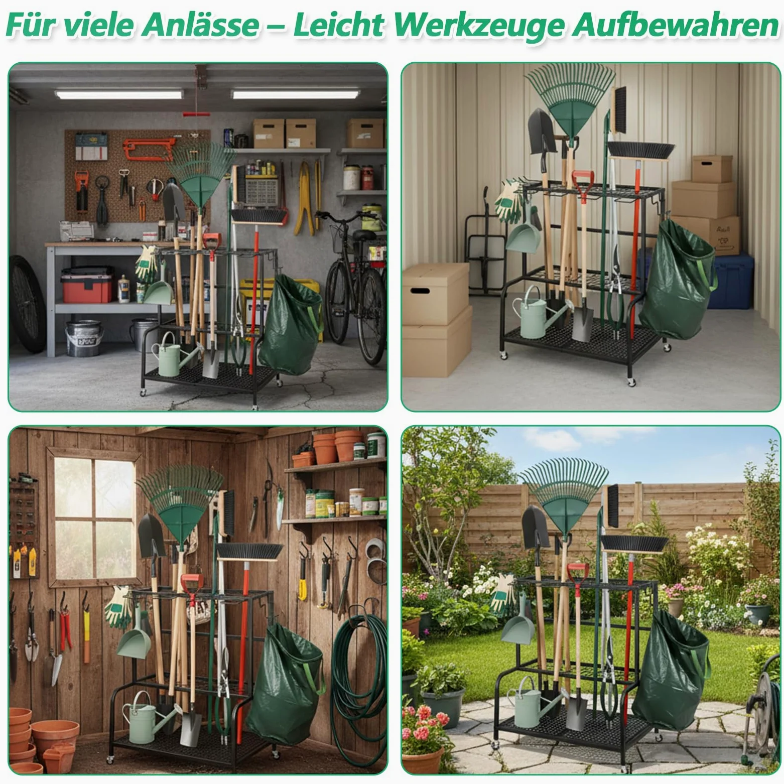 Support pour outils de jardin - 61 x 41 x 66 cm - Organiseur avec 78 compartiments de rangement | 11 crochets et roues pivotantes à 360°, étagère de rangement pour outils de jardin, en métal, noir