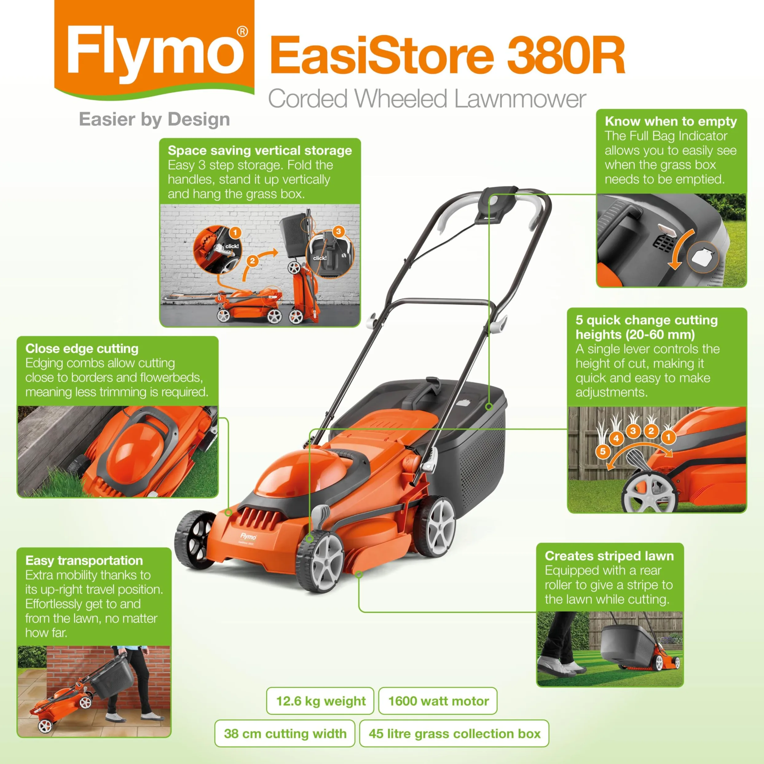 Flymo EasiStore 380R Tondeuse à Gazon électrique rotative – Largeur de Coupe 38 cm, bac à Gazon de 45 litres, Coupe à Bord fermé, Rouleau arrière, Hauteur Centrale, Rangement Peu encombrant