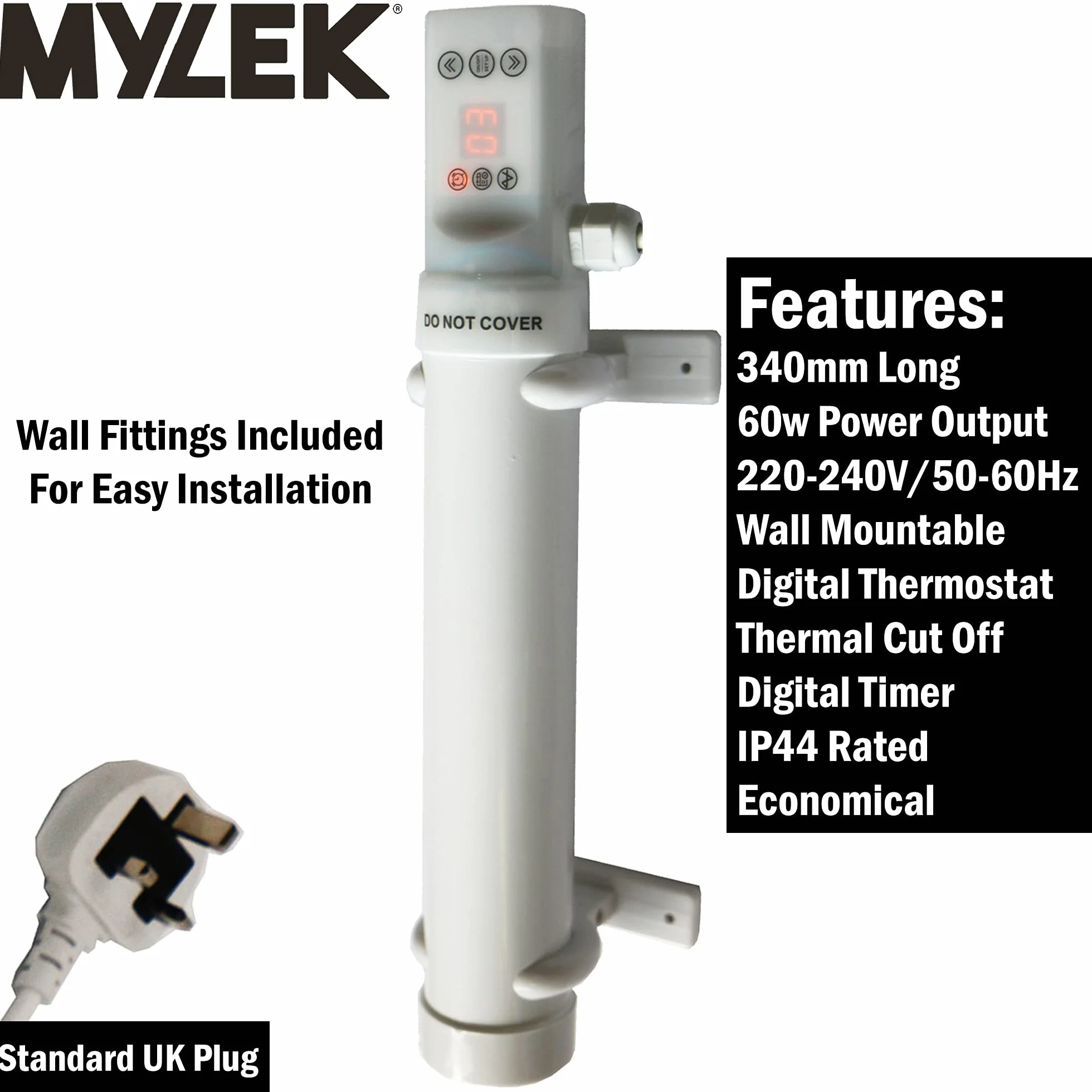 Mylek Chauffage tubulaire 60 W 340 mm minuterie numérique découpe thermique