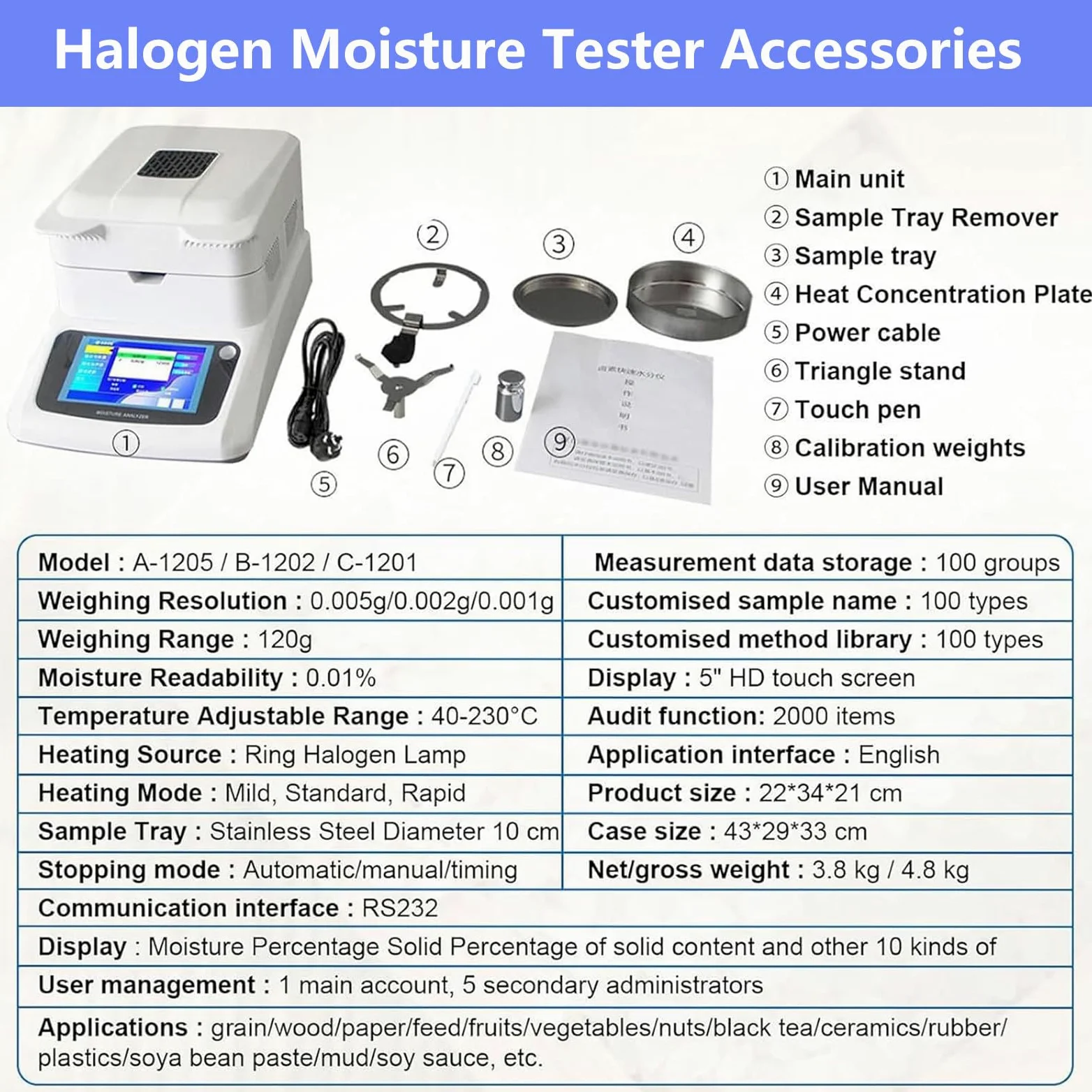 Humidimètre numérique, analyseur portable pour aliments, plantes et matériaux de construction, capacité de 120 g, lisibilité de 0,001 g, plage de température 40 à 230 °C