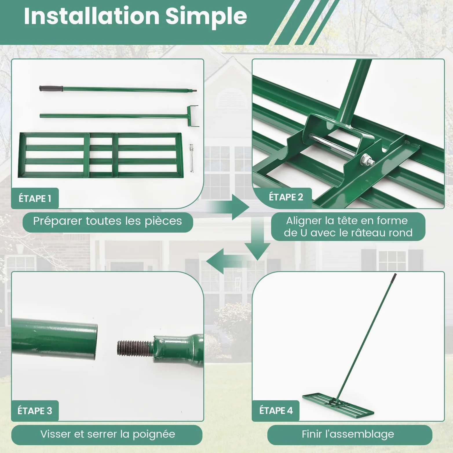 COSTWAY Râteau de Nivellement de Pelouse en Métal 91 x 25 cm, Vert | Râteau de Jardin avec Poignée de 170 cm, Outil de Niveau de Pelouse pour Jardin CourTerrain de Golf Ferme
