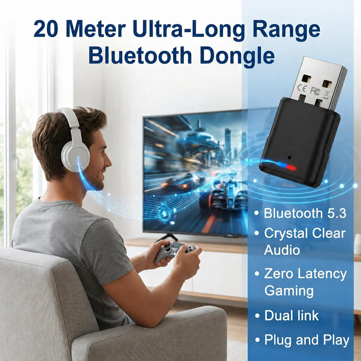 Adaptateur Bluetooth 5.3 USB pour PS5 PS4 Switch PC, Dongle Audio Faible Latence, Clé Bluetooth Plug & Play (Noir)