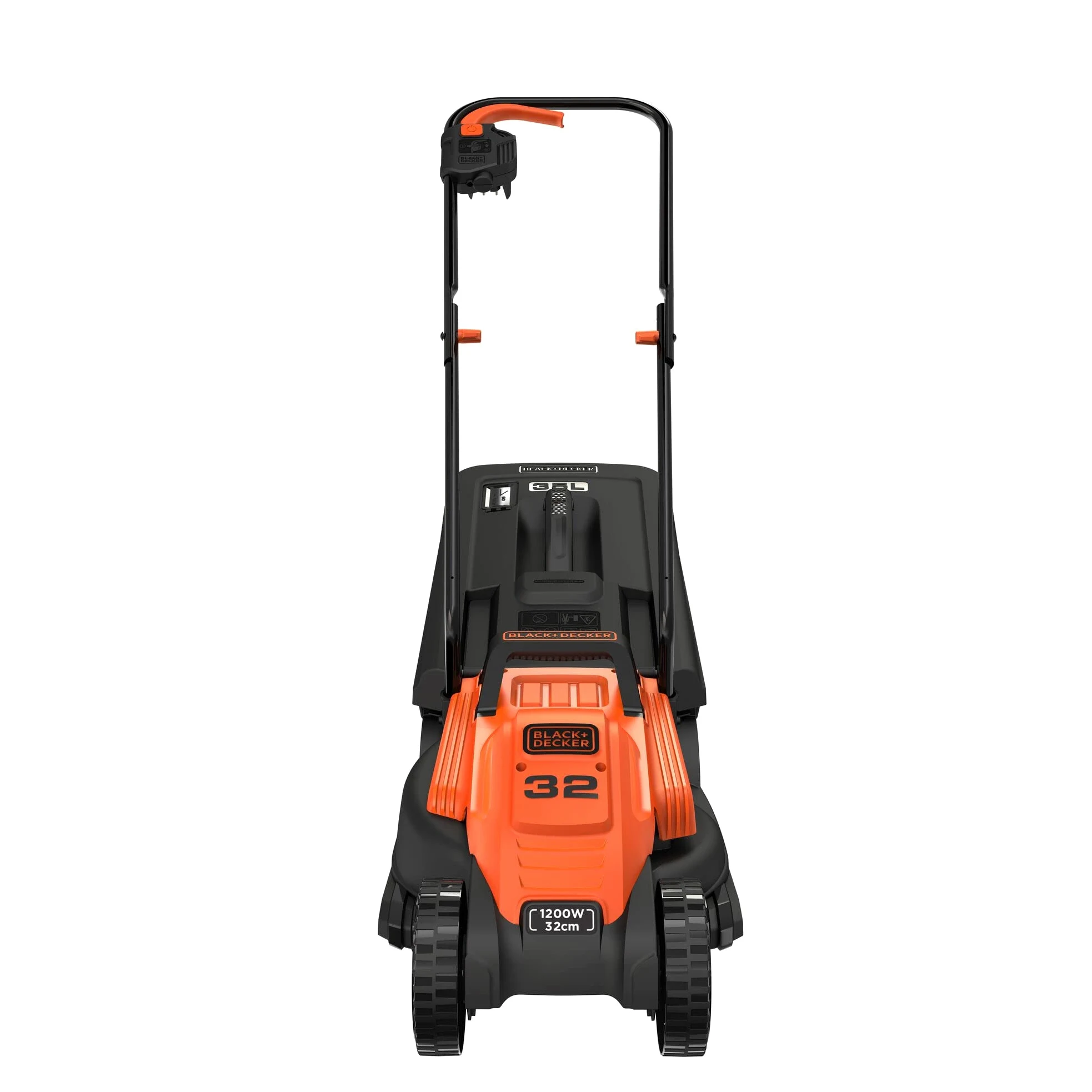 BLACK+DECKER Tondeuse Filaire 1200W, Tondeuse à Gazon 32 cm, 3 hauteurs réglables 23, 43 et 63 mm, Idéale Jusqu'à 300 m², Lame à Ailettes pour un Broyage et Hachage Optimal, BEMW451-QS Orange