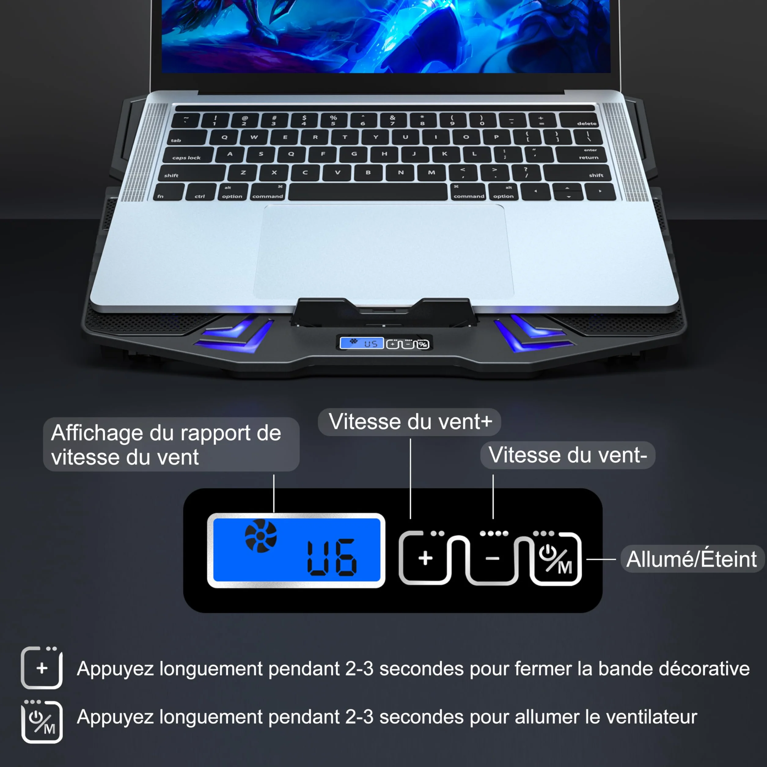 TopMate C5 Base de Refroidissement PC Portable Gamer 10-15,6 Pouces, 5 Ventilateurs Silencieux, LED Bleue, Contrôleur LCD