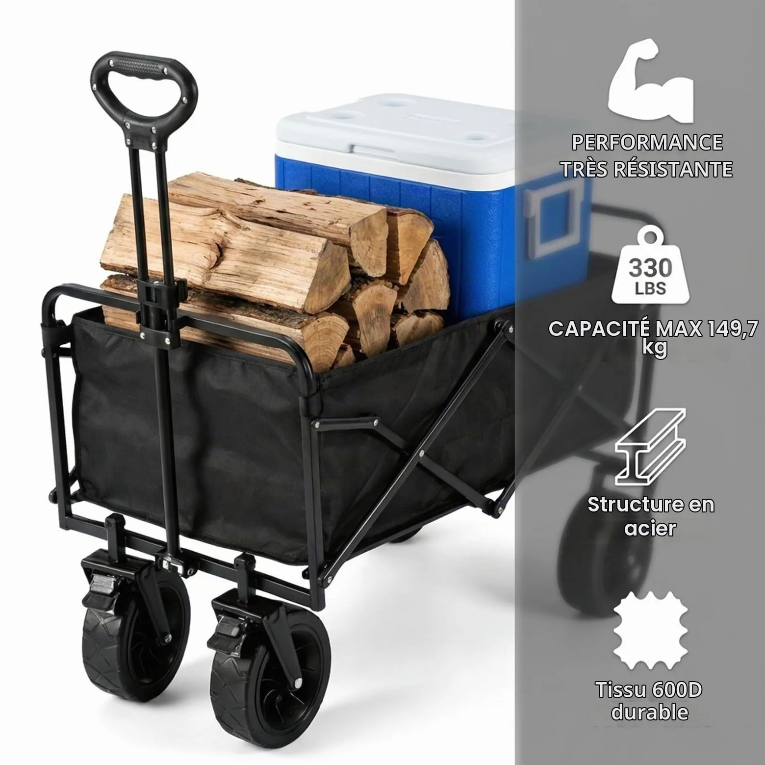 SNZ Chariot de Transport Pliable 4 Roues - Capacité 150kg - Roues 360° Tout Terrain - Poignée Réglable - pour Camping, Courses, Jardin, Plage - Compact et Léger