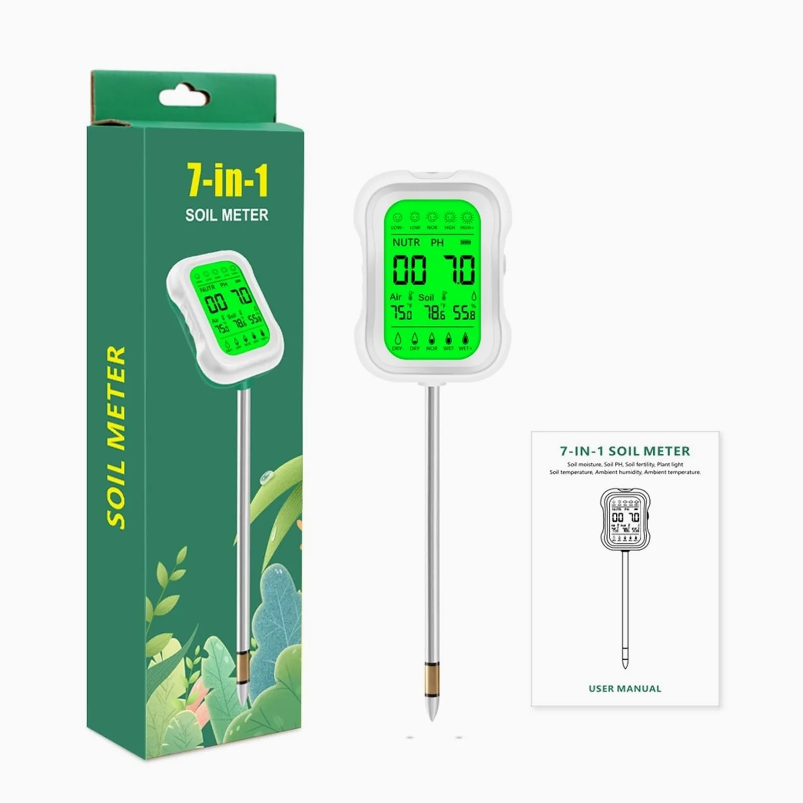 Testeur de Sol numérique 7 en 1, pH, humidité, lumière, fertilité, température, for Plantes Jardin, Ferme, Agriculture Jardinage, Agriculture