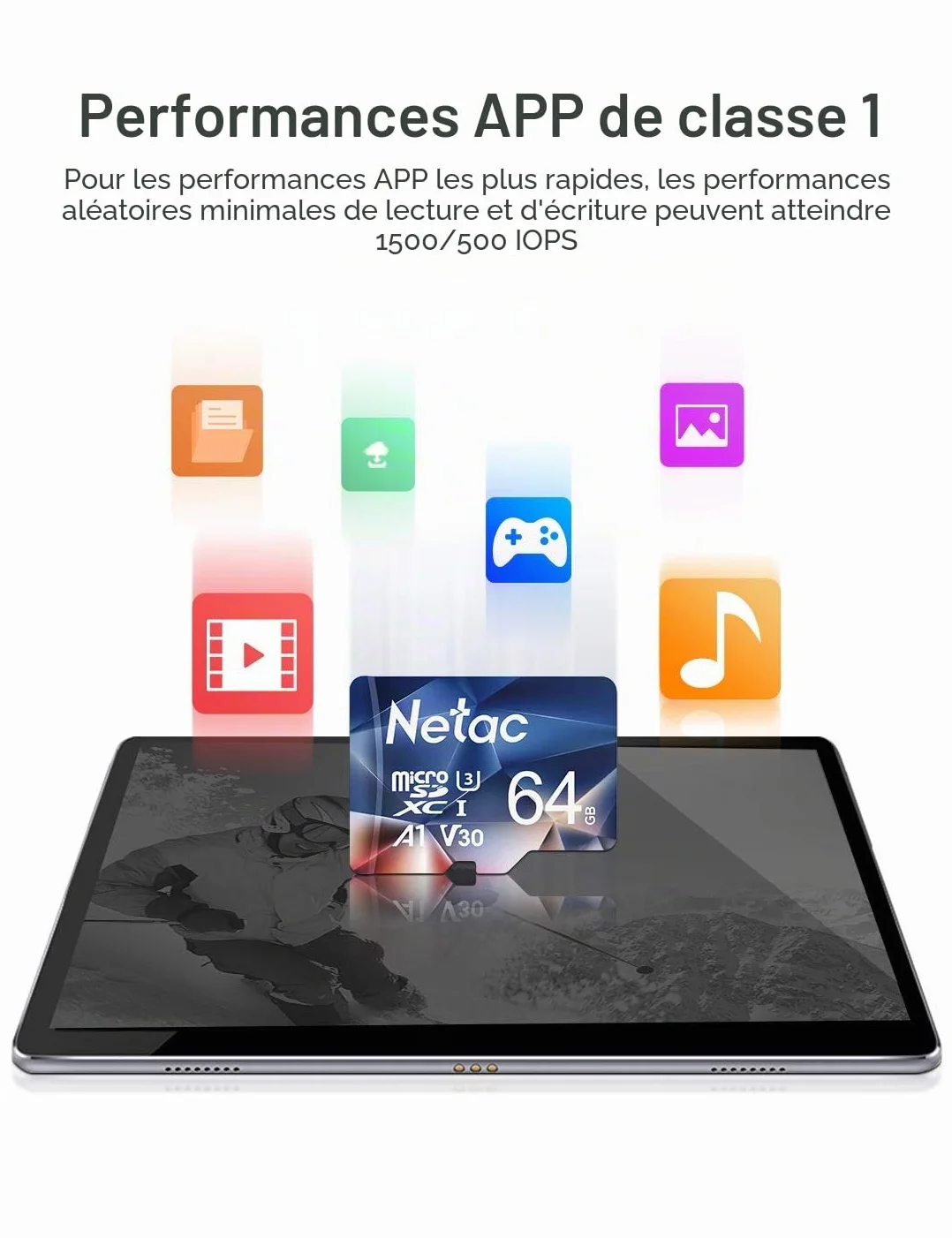 Netac 64Go Carte Mémoire Micro SDHC A1 U3 UHS-I C10 V30 100/30 Mo/Sec