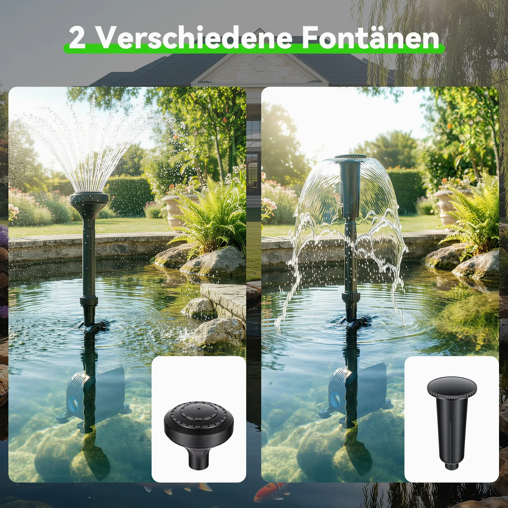 Pompe de Fontaine de Jardin 2500L/h 45W, Pompe de Bassin Submersible 2 en 1 avec Filtre et Buses Réglables, Anti-Rouille pour Extérieur