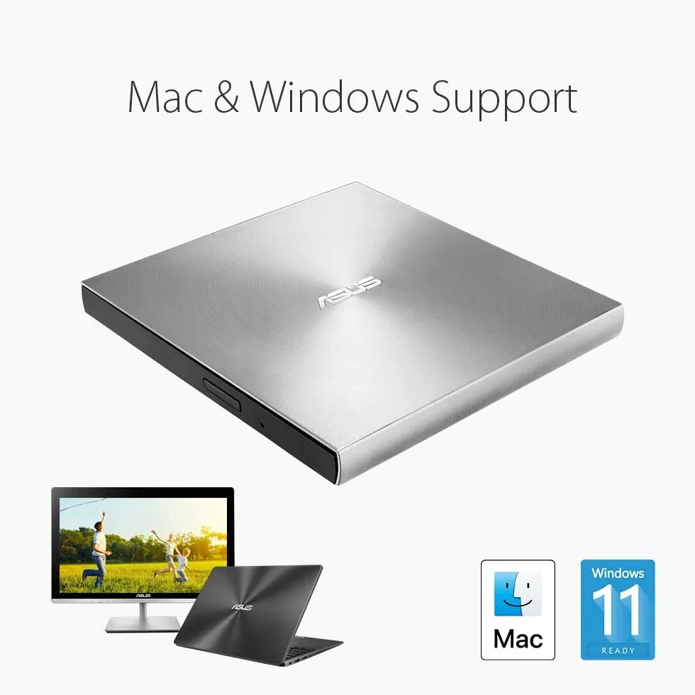 ASUS ZenDrive U9M Argent Graveur DVD x8 ultra-compact M-Disc supporté USB 3.0 Type-C Type-A Windows Mac OS