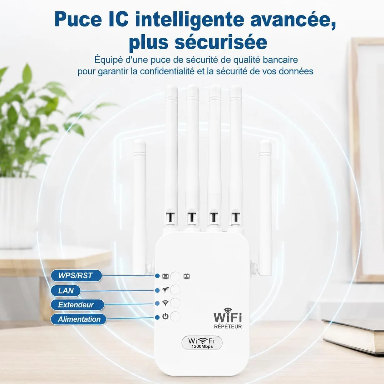 Répéteur WiFi 1200 Mbps Amplificateur WiFi Double Bande 5 GHz & 2,4 GHz avec WPS 6 Antennes 2 Ports Gigabit Ethernet