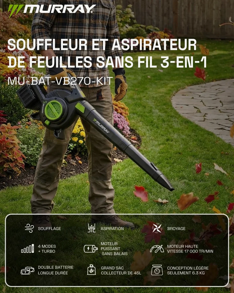 Murray Souffleur et Aspirateur de Feuilles à Batterie 20V 3-en-1 MU-BAT-VB270-KIT – Moteur sans Balais, Contrôle Intelligent, 4 Vitesses + Turbo, Sac à Poussière 45L, Montage Rapide