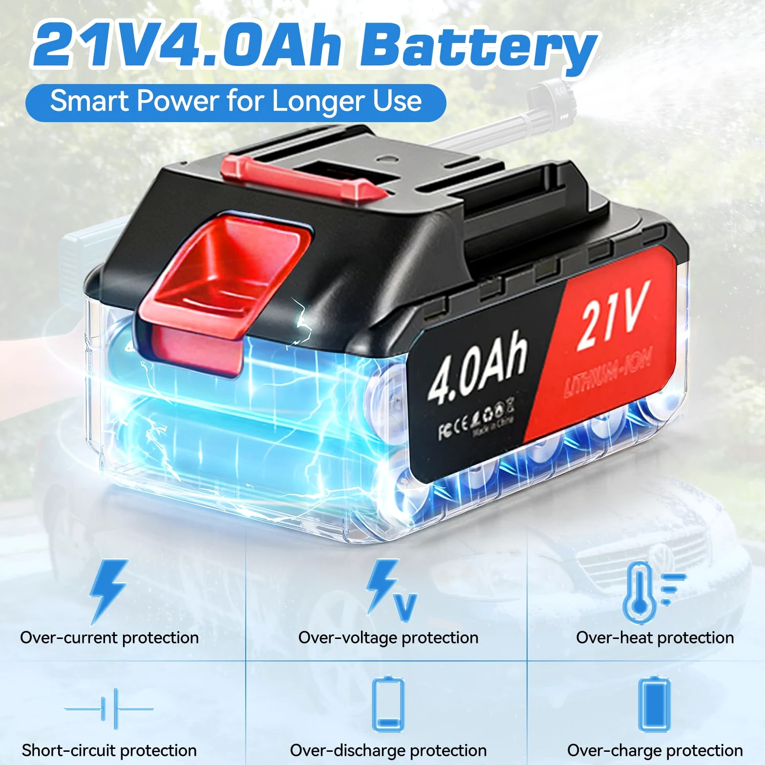 Nettoyeur Haute Pression à Batterie, Pistolet Nettoyeur Haute Pression 21V, Équipé de 2 Batteries de 4000mAh, Buse multifonctionnelle 6-en-1, Tuyau de 5 mètres, Nettoyeur Haute Pression (Bleu)
