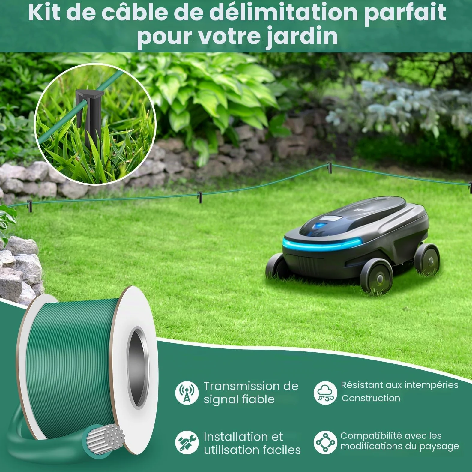 Câble de délimitation, 150 m, pour robot tondeuse - 200 piquets, 20 connecteurs de câble et 10 bornes de raccordement - Kit d'accessoires universels pour robot tondeuse