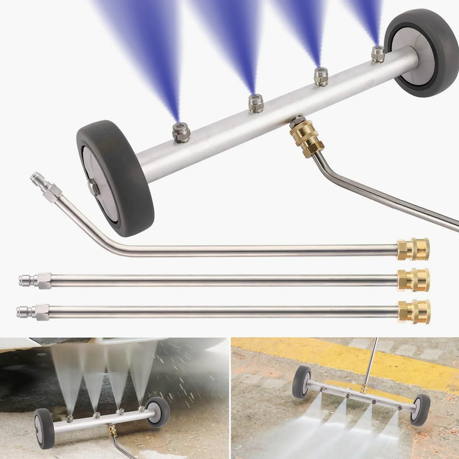 Balai à eau pour nettoyeur haute pression, nettoyeur de châssis à double fonction, 40,6 cm, 4 buses avec 3 rallonges, 4000 PSI (argent)