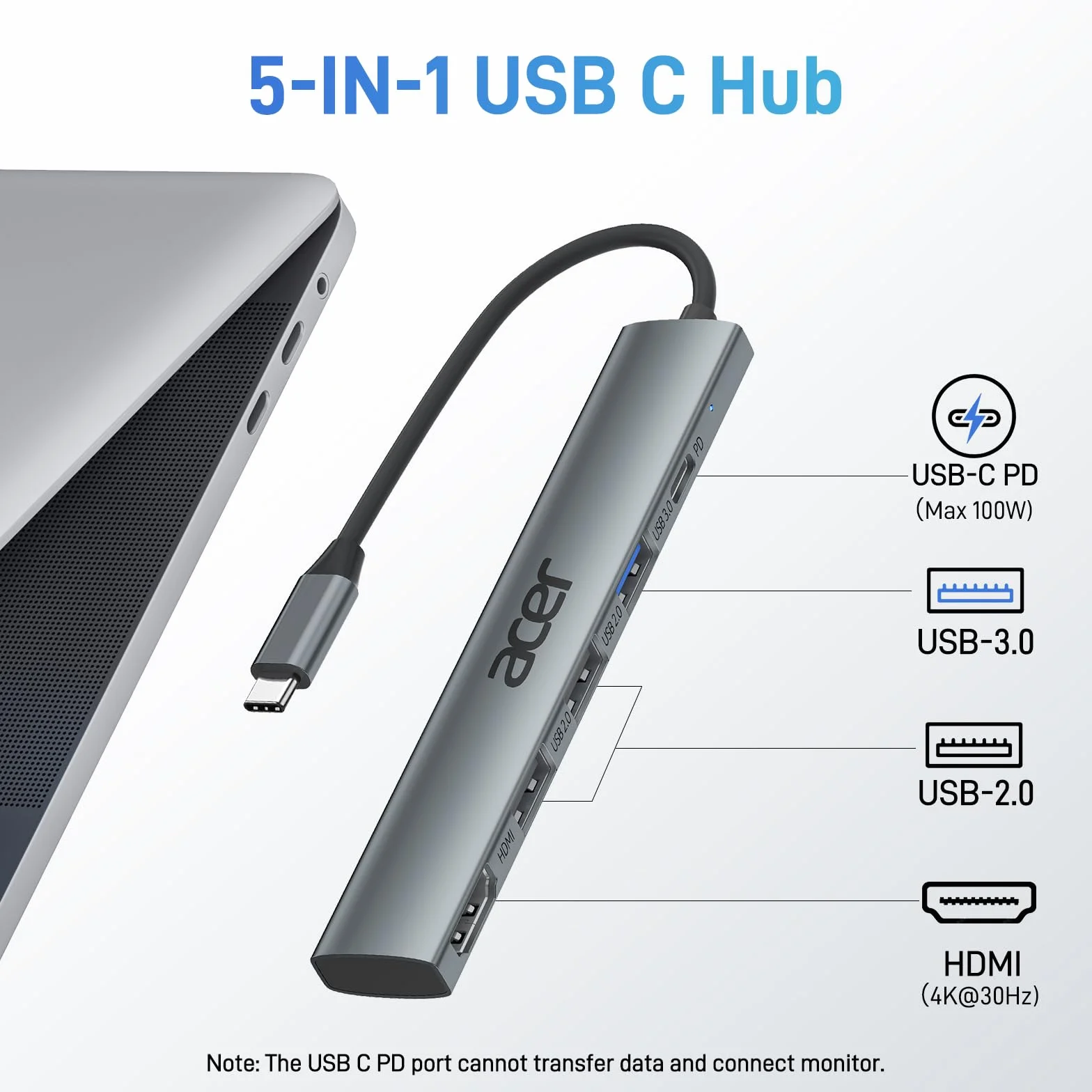 Acer Hub USB C 5-en-1 Adaptateur USB C vers HDMI 4K PD 100W Multiport USB 5Gbps