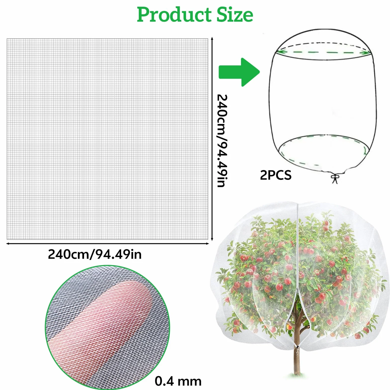 Filets Pour Arbres Fruitiers 2.4x2.4 m Lot de 2 Avec Fermeture Éclair Cordon de Serrage Réutilisable Jardin Vergers