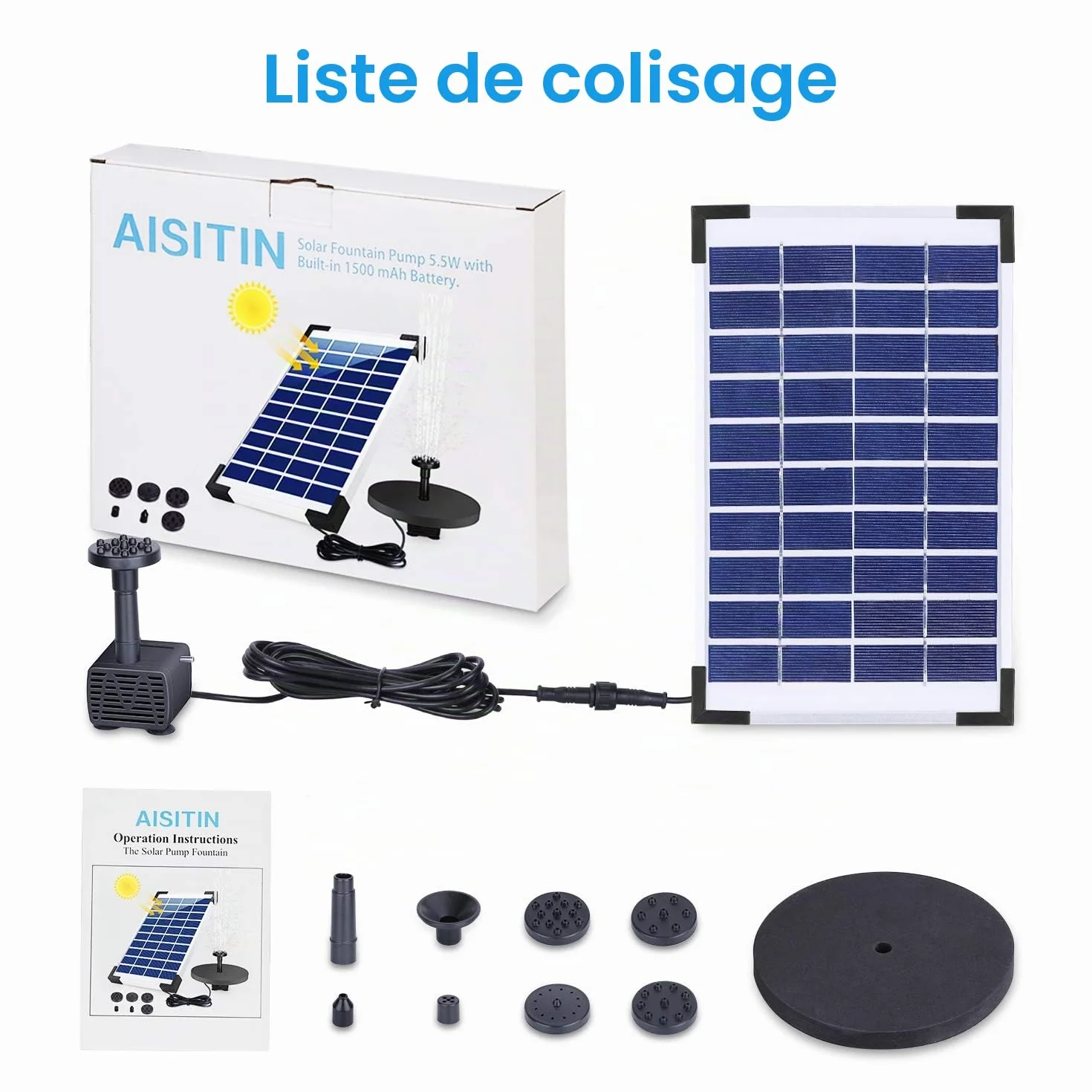 AISITIN Fontaine Solaire Flottante 5,5 W avec Batterie | Pompe pour Bassin Jardin Aquarium Bain d'Oiseaux et Étang Extérieur
