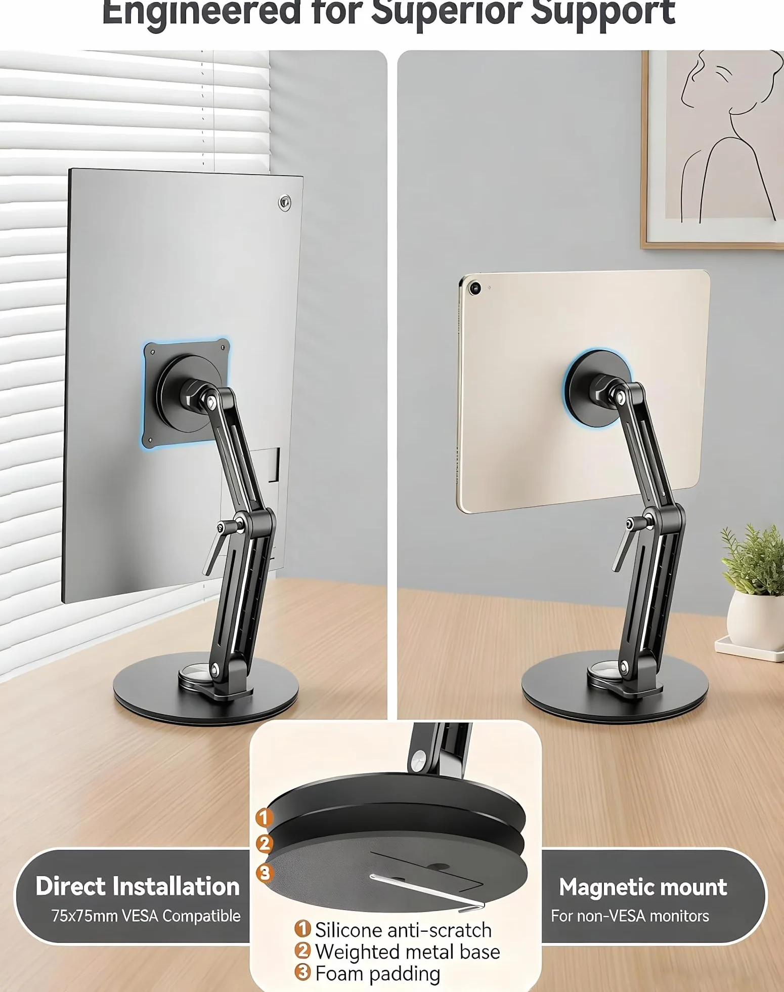 Support Tablette Écran Portable Magnétique Aluminium 360° Rotatif Pliable Réglable Compatible 4.7"-18.5" iPad Moniteur VESA 75mm