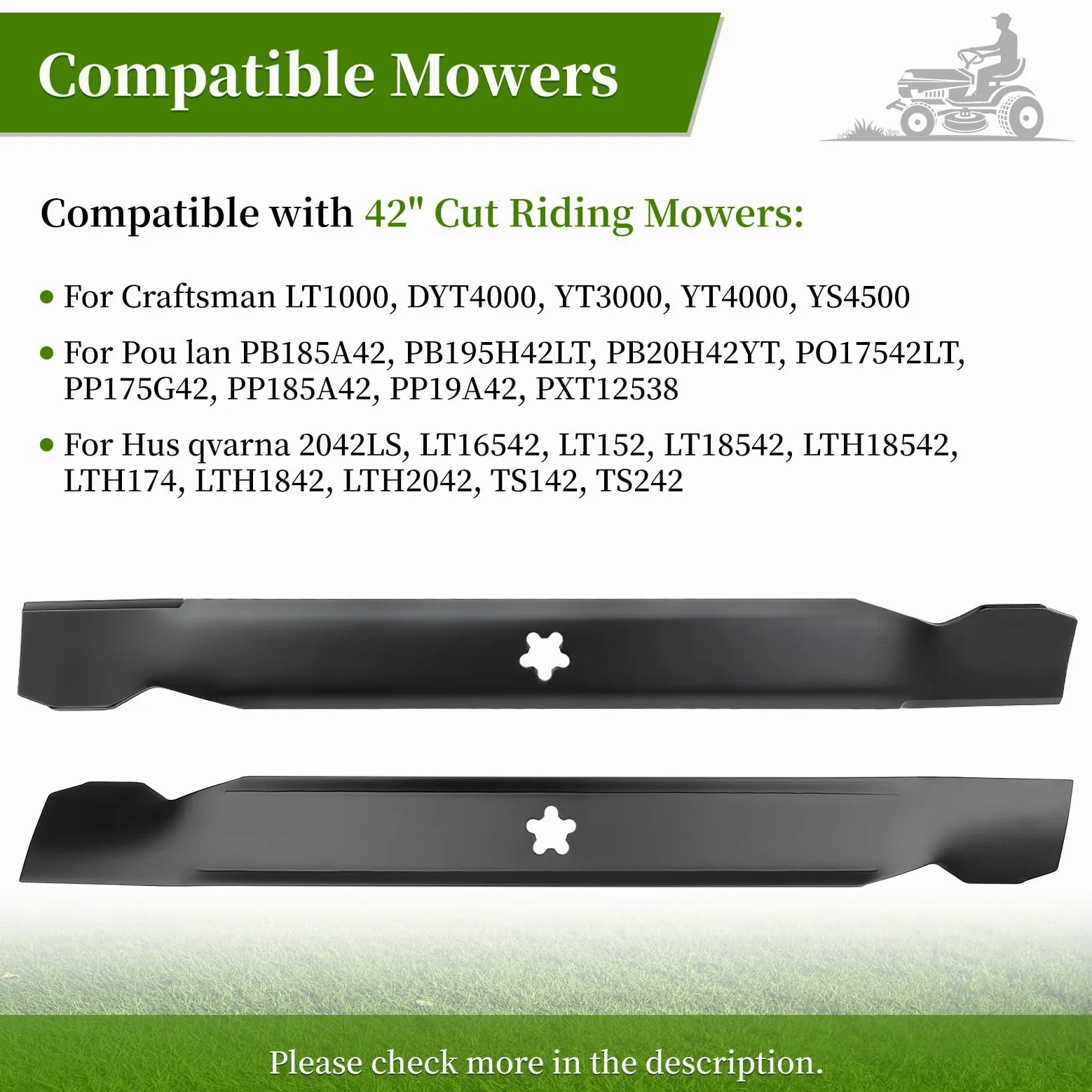Lot de 2 lames de tondeuse 138971 pour tracteur de pelouse Craftsman/Hus Qvarna/Pou LAN 106,7 cm, lames de rechange pour 532138971, 127843, 134149, 531307224