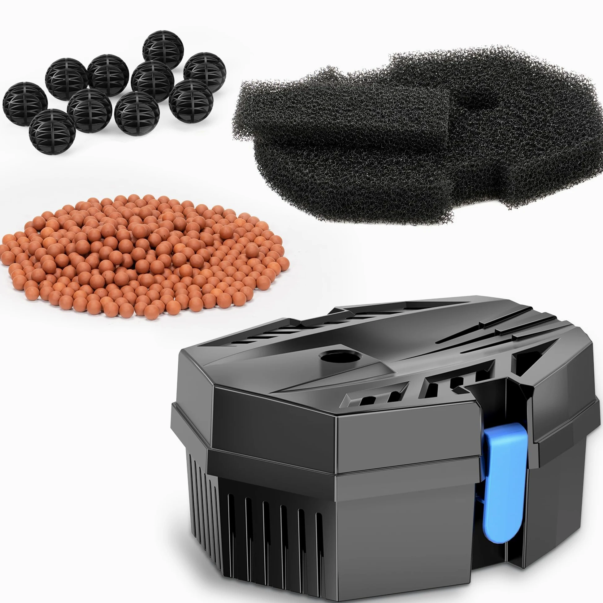 POPOSOAP Boîte de filtre de bassin pour petits étangs en plein air, purificateur d'eau avec tapis filtrants, boules bio, billes en céramique, protection de la pompe et entretien facile pour bassins