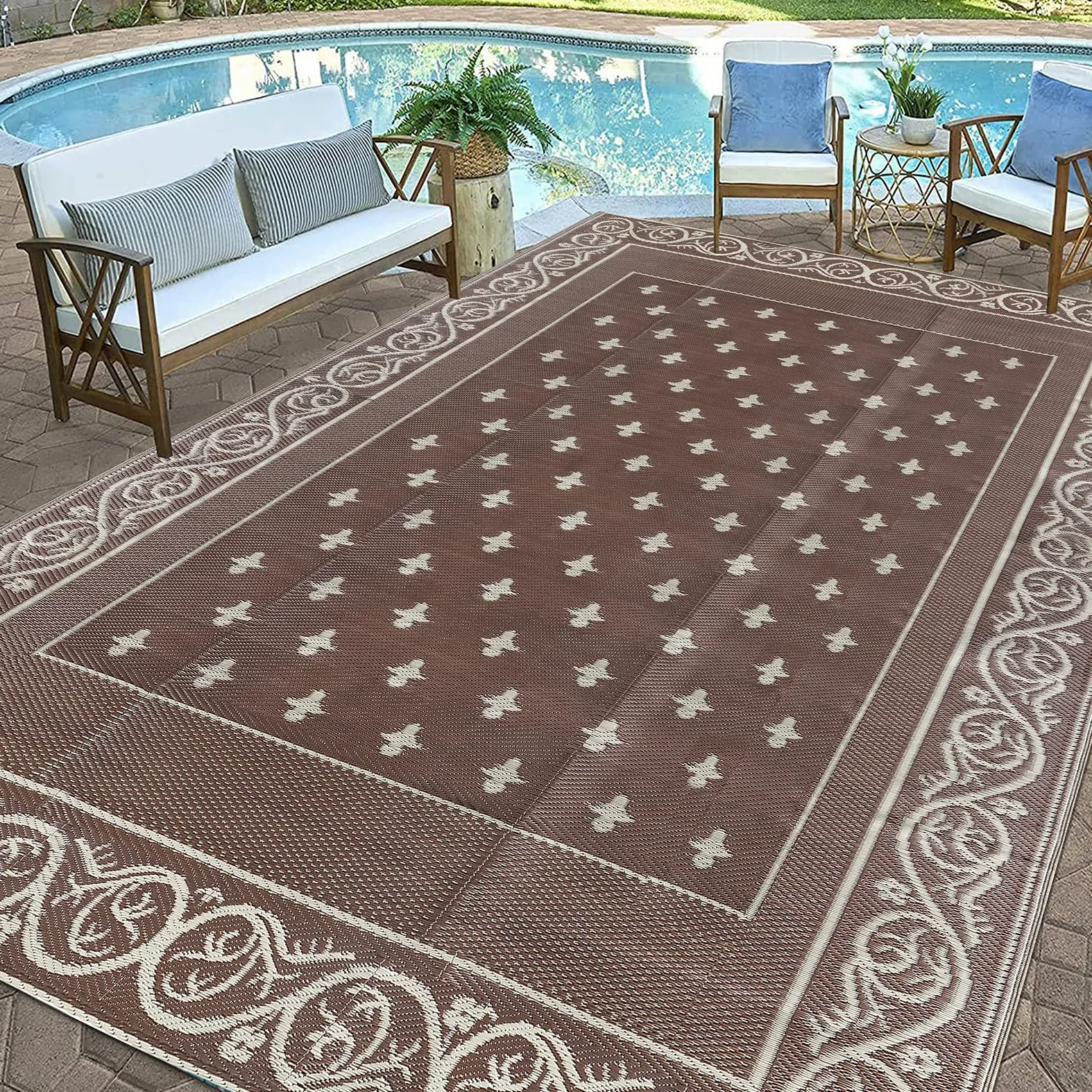 Pauwer Grand tapis de sol réversible en plastique imperméable de 2,7 x 3,6 m, pour extérieur, camping-car, jardin, terrasse, jardin, terrasse, pique-nique, plage, remorque, camping - Marron