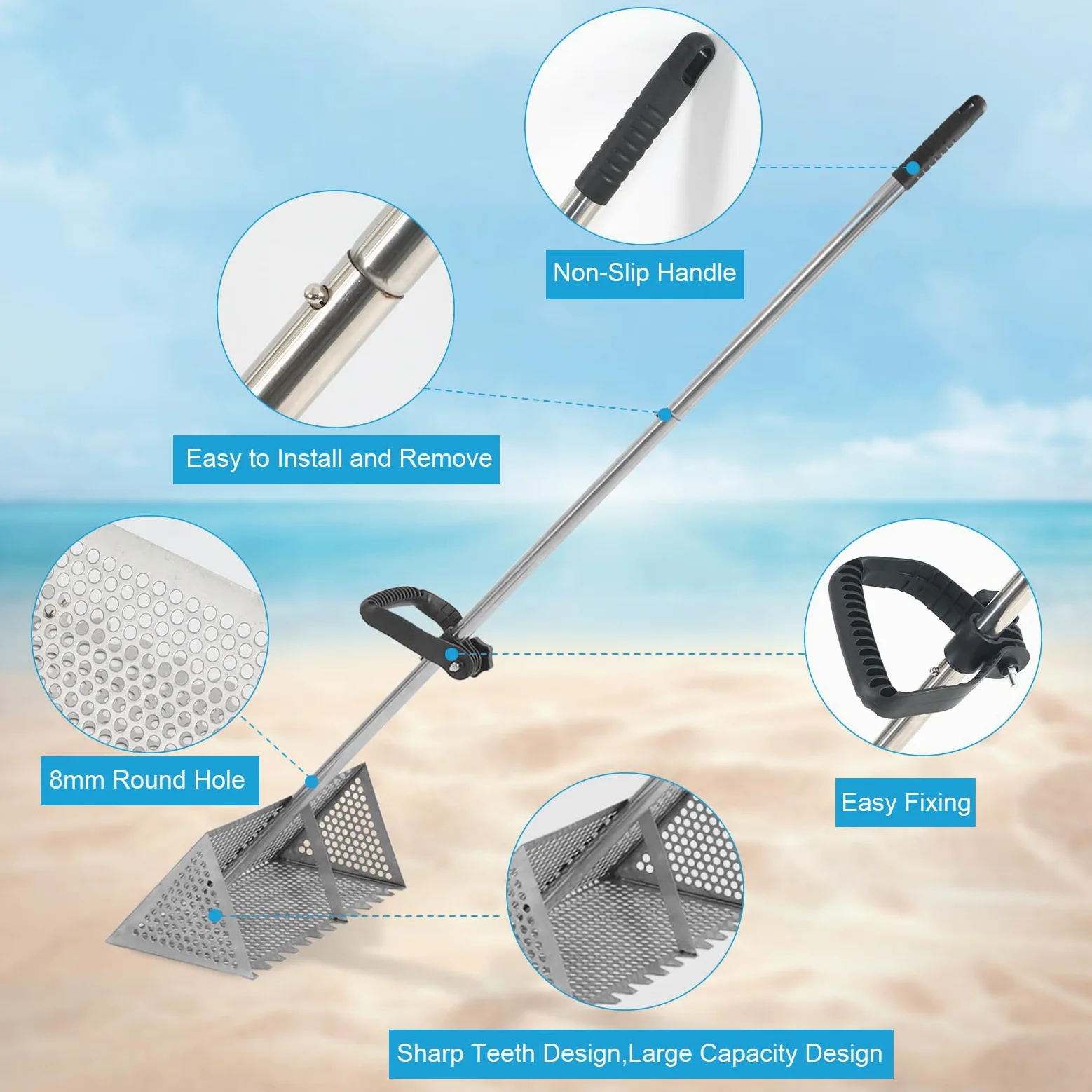 Râteau à puces de sable amovible à long manche pour plage à dents tranchantes - Panier large - Attrape-puces de sable en acier inoxydable - Attrape-crabes de sable pour les voyages