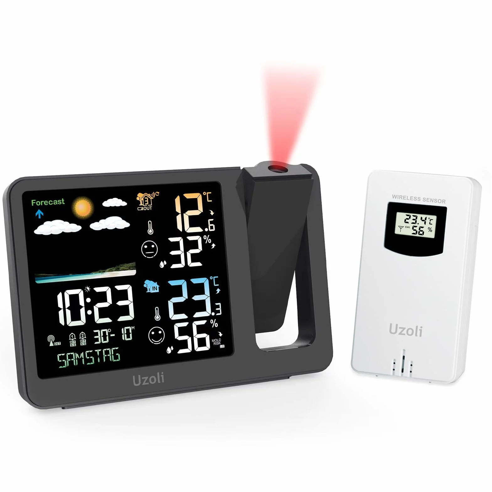 Uzoli Réveil projecteur Plafond avec capteur extérieur, Station météo | Projection heure & température, Heure radiopilotée, Humidité, Prévisions météo, Luminosité automatique, Indicateur de confort