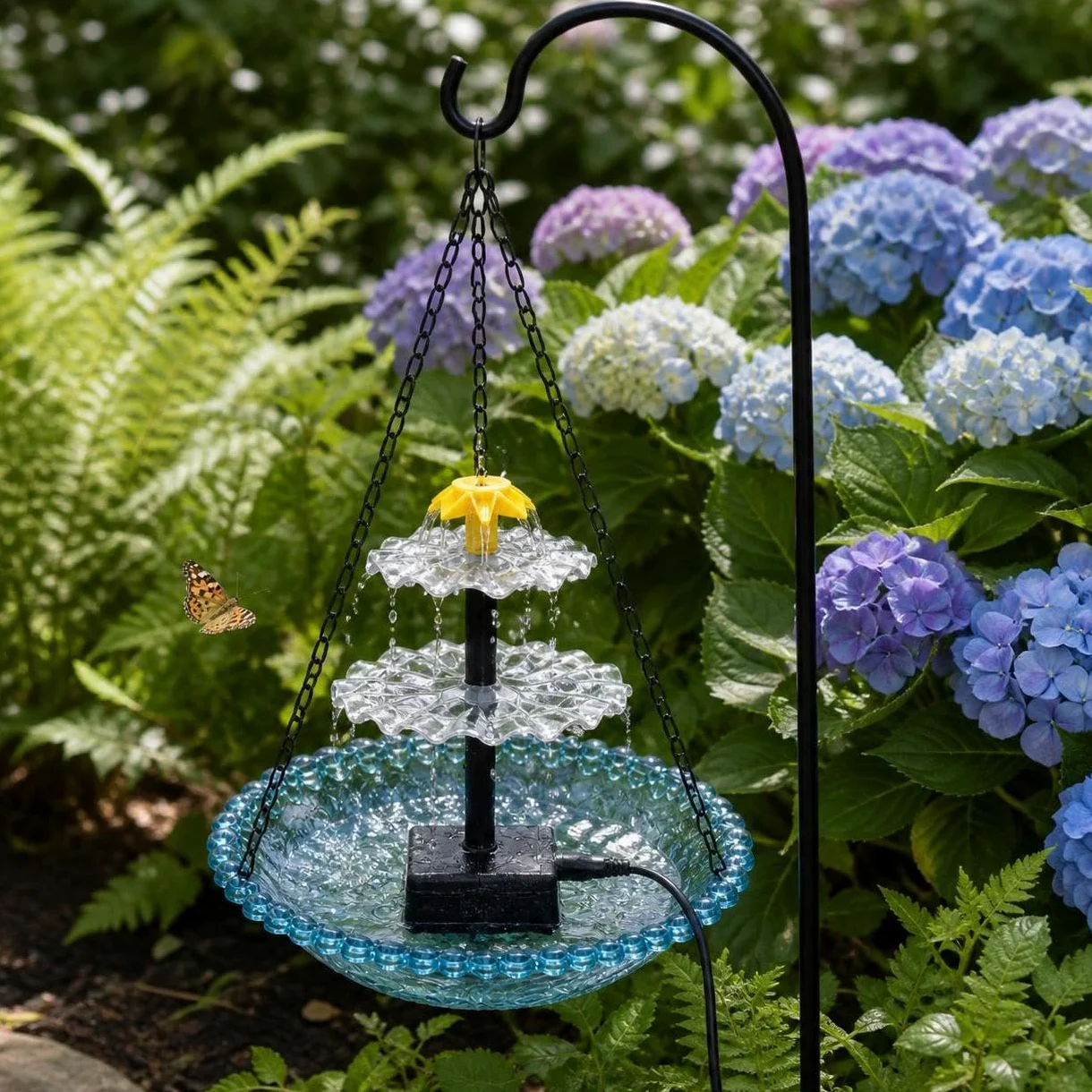Bain d'oiseaux Solaire Flottant Suspendu, Plastique - Attire Les Oiseaux - métal - conçu pour Jardin extérieur - pour, Violet, Fontaine à Oiseaux Solaire à Double Niveau