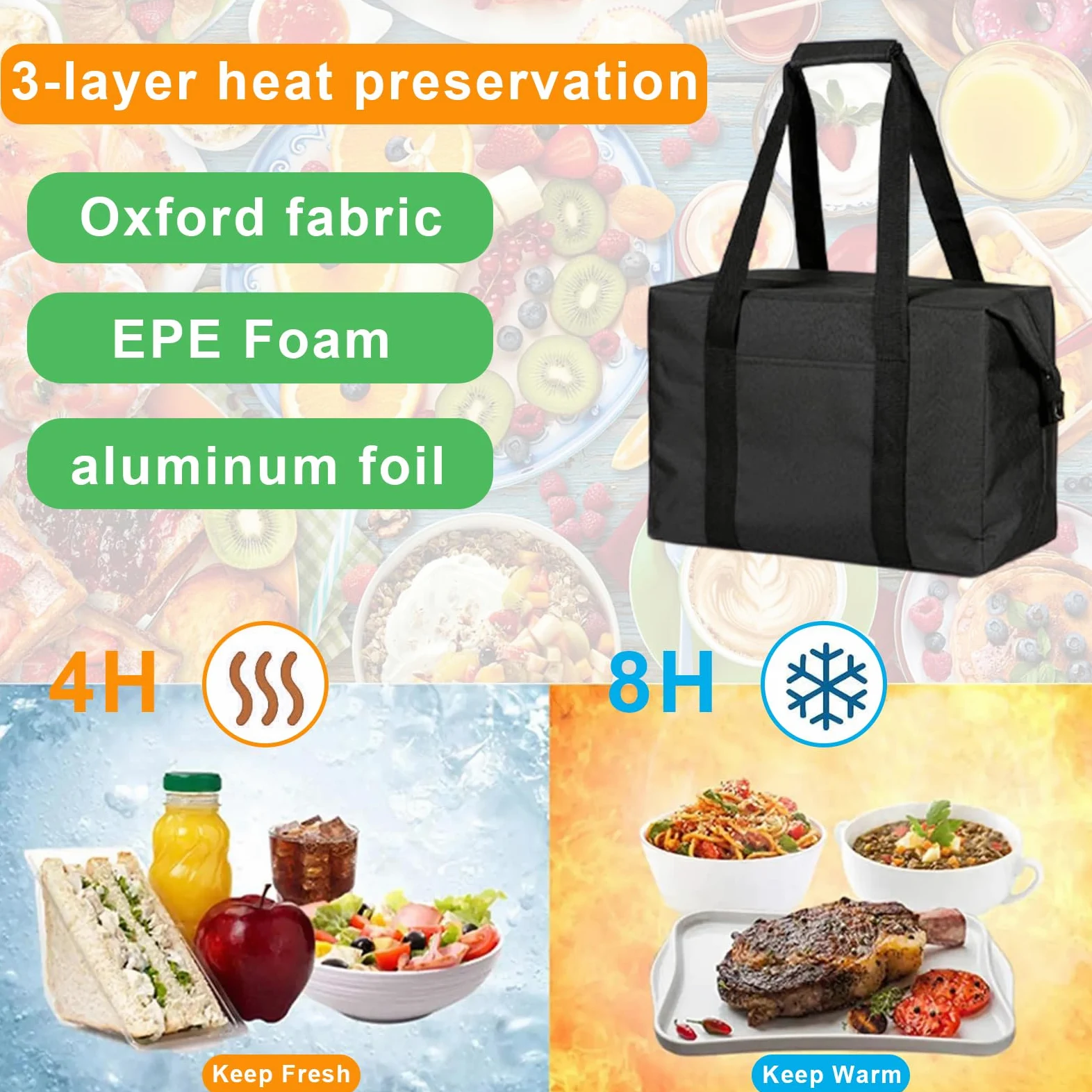 20L Sac Isotherme Course Pliable et Étanche, Grand Sac de Plage Isotherme avec Doublure Rigide, Portable Glaciere Souple Isotherme pour Repas Travail, Pique-nique, Lunch, Camping & BBQ - Noir