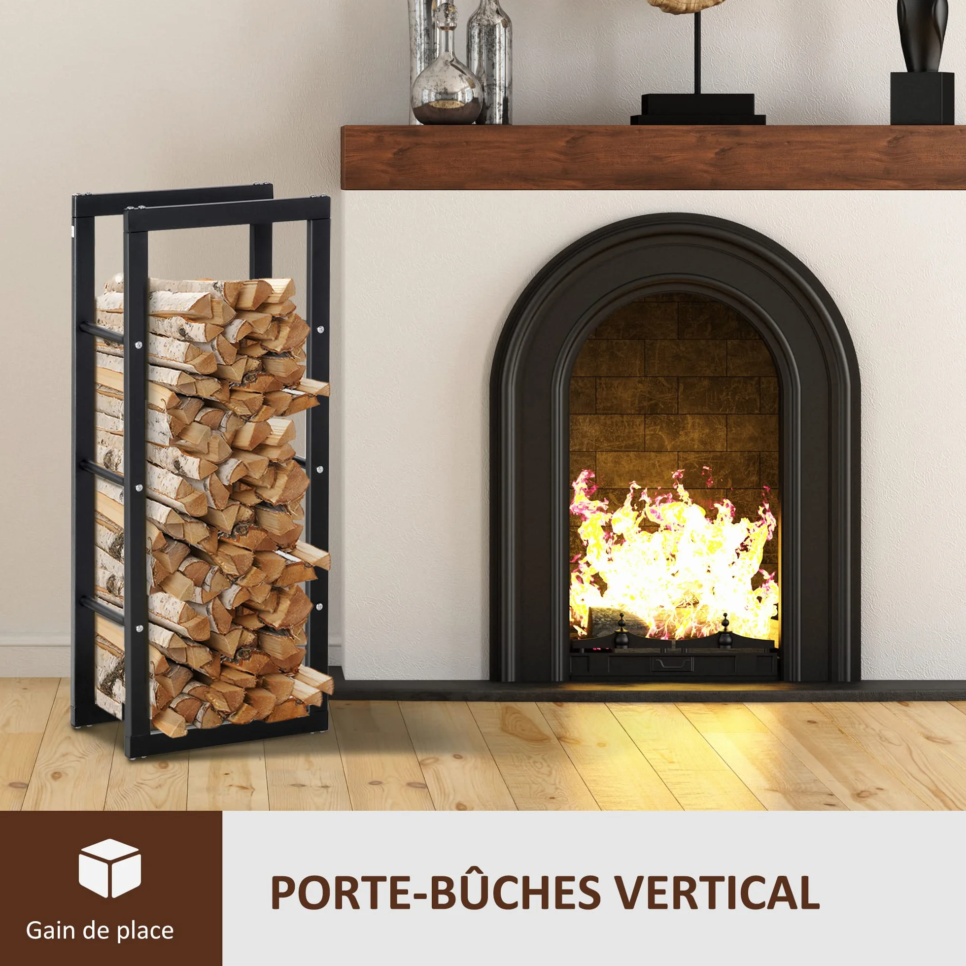 HOMCOM Range bûches porte-bois intérieur extérieur charge max 100 Kg 40L x 25l x 100H cm métal noir