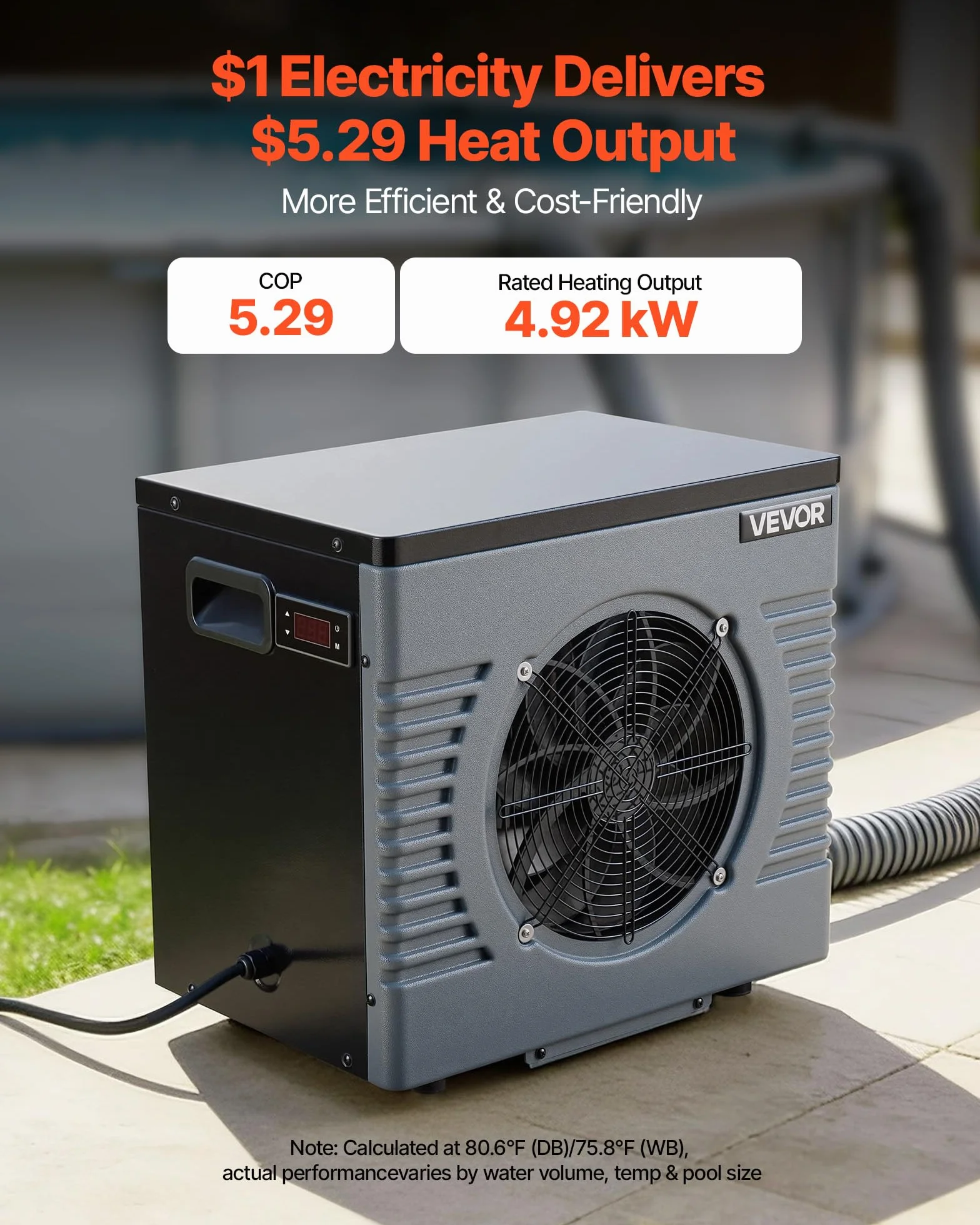 VEVOR Pompe à Chaleur pour Piscine 4,92 kW Chauffage Électrique Hors Sol 18 m³ COP 5,29 Faible Niveau Sonore GFCI