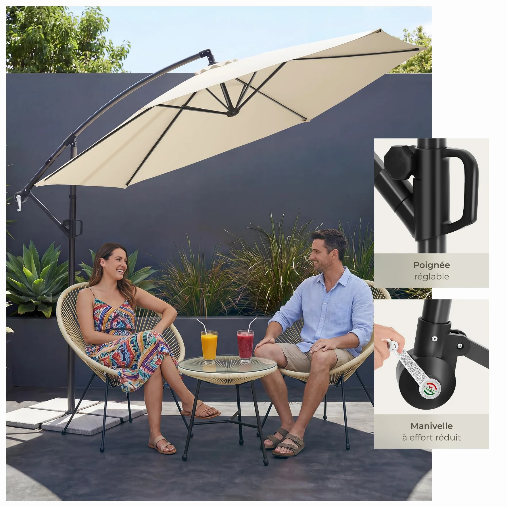 Tectake Parasol déporté 3x3 m Pivotant 360° Inclinable 90°-135° Protection UV 50+ Double-toit Jardin Terrasse