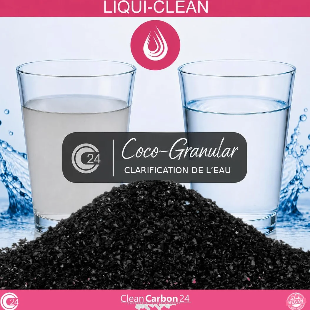 Clean Carbon 24 LIQUI-Clean Coco granulé 8×30Mesh/0,8–3,2mm, 10l | 5kg | Granulés fins 0,6–2,36 mm pour aquarium, bassin et filtration de l’eau, activés physiquement à la vapeur